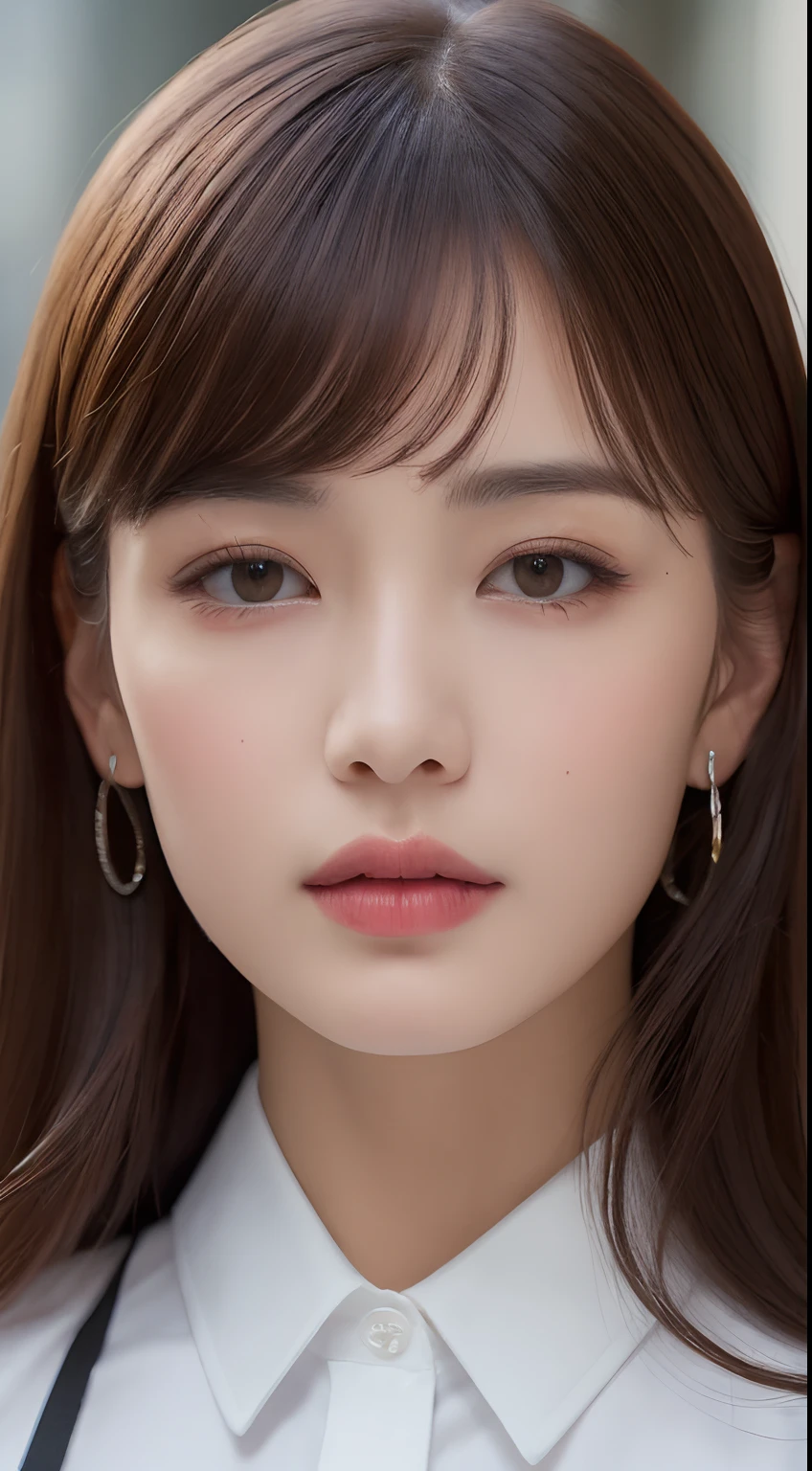 ((Best quality, 8k, Masterpiece :1.3)), Sharp focus :1.2, A pretty woman with perfect figure :1.4, Slender abs :1.2, ((Dark brown hair, Big breasts :1.2)), (White button up long shirt :1.1), City street:1.2, Highly detailed face and skin texture, Detailed eyes, Double eyelid