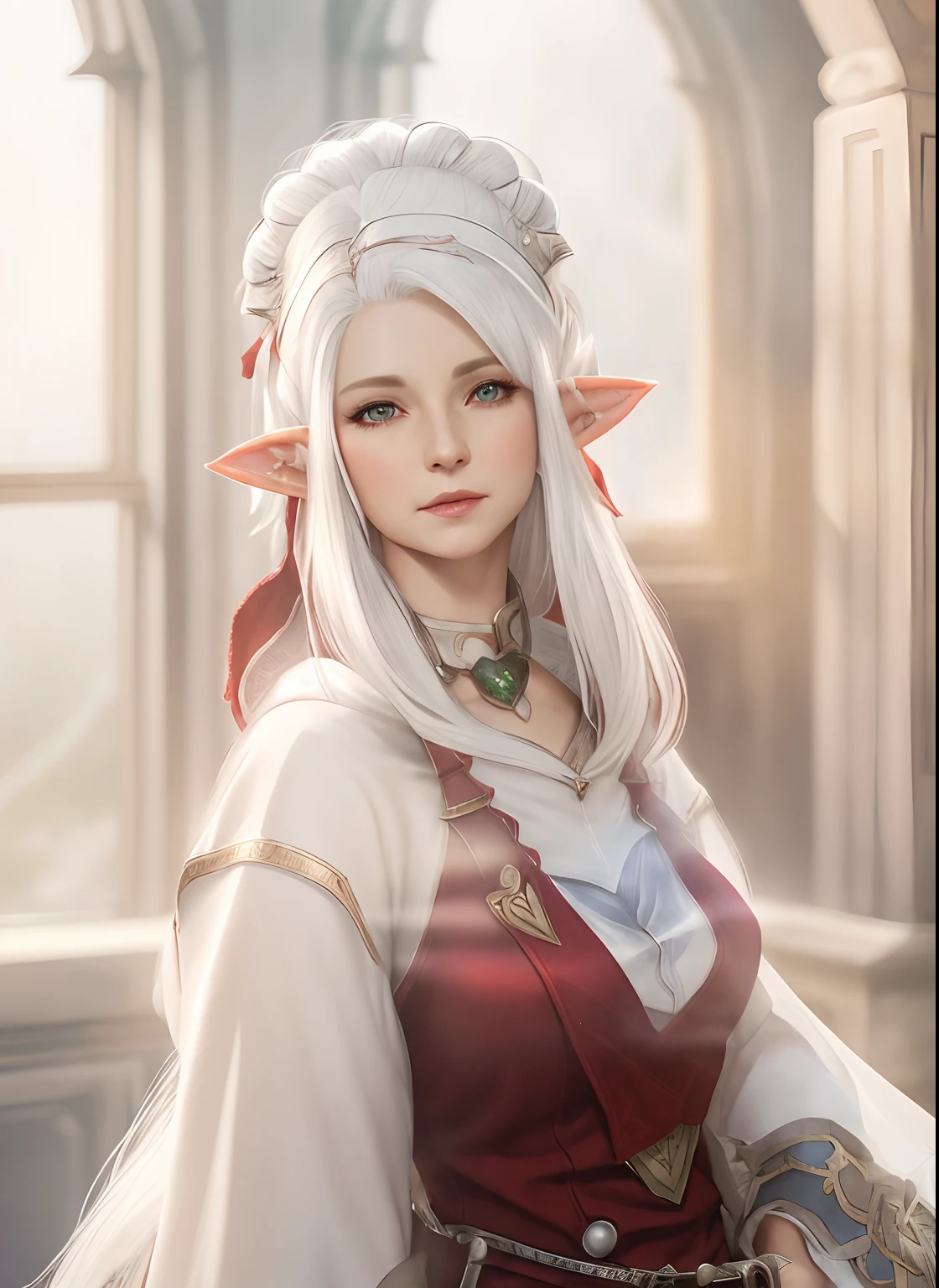 There is a woman with white hair and a red dress, Catty - Bree of Mithril Hall, a middle aged elf, lalafell, final fantasy 14 style, Female Elf, a portrait of an elf, dressed like a cleric, female elfling, elven character with smirk, alluring mesmer woman, portrait of a female mage