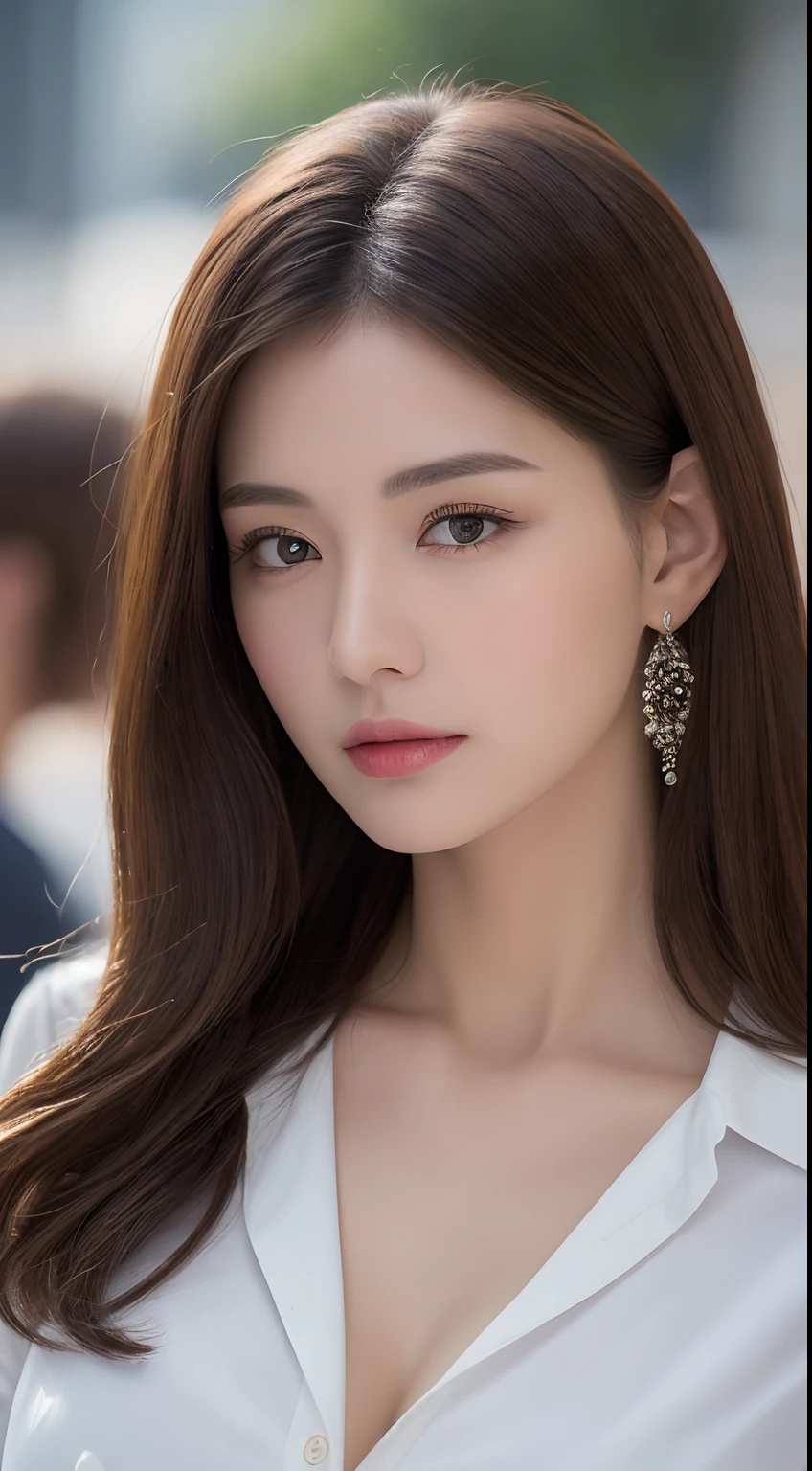 ((Best quality, 8k, Masterpiece :1.3)), Sharp focus :1.2, A pretty woman with perfect figure :1.4, Slender abs :1.2, ((Dark brown hair, Big breasts :1.2)), (White button up long shirt :1.1), City street:1.2, Highly detailed face and skin texture, Detailed eyes, Double eyelid