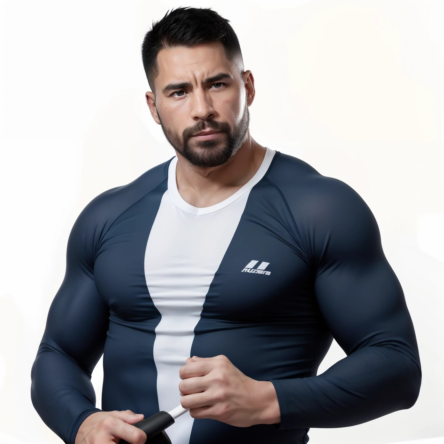 Imagine um homem em uma academia movimentada. He's wearing a tight, moisture-absorbing black workout shirt, que se ajusta ao seu corpo musculoso. His shorts are a vibrant shade of blue, chegando logo acima dos joelhos. Gotas de suor brilham em sua pele bronzeada enquanto ele segura um par de halteres. Veins protrude from your forearms, showing his dedication to physical fitness. With each repetition, You can see the controlled effort on your face, The determination in your eyes. The rhythmic sound of tinkling weights accompanies his concentrated breathing. Ao seu redor, The hum of gym equipment and the chatter of fellow gym-goers create an energetic atmosphere.