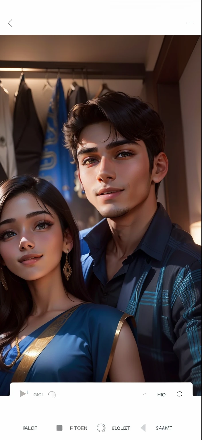 A handsome 20 year old boy with brown eyes wearing blue suit and shirt fit body with smile on face and a beautiful 19 year old girl with round face, black eyes wearing blue saree