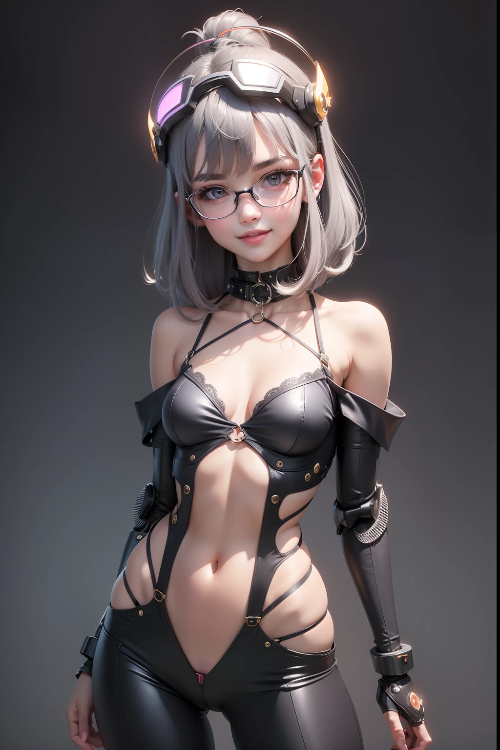 1 cute girl (18yo) glasses, upper body, slim waist, natural small breast, sexy pose, seductive expression, bangs, random hairstyle, cleavage, navel, collar, collarbone, off shoulder, seductive smile, wear intricately detail hot and sexy outfit, robot costume, wear unique helmet, random light color, upper body. flat gray color for background