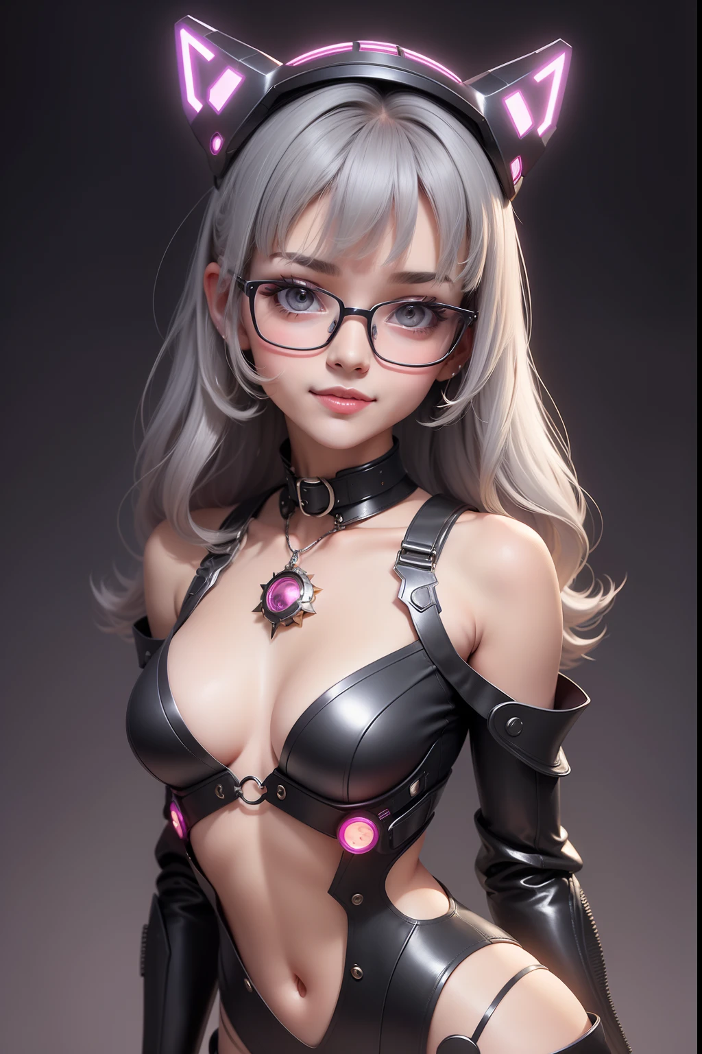1 cute girl (18yo) glasses, upper body, slim waist, natural small breast, sexy pose, seductive expression, bangs, random hairstyle, cleavage, navel, collar, collarbone, off shoulder, seductive smile, wear intricately detail hot and sexy outfit, robot costume, wear unique helmet, random light color, upper body. flat gray color for background