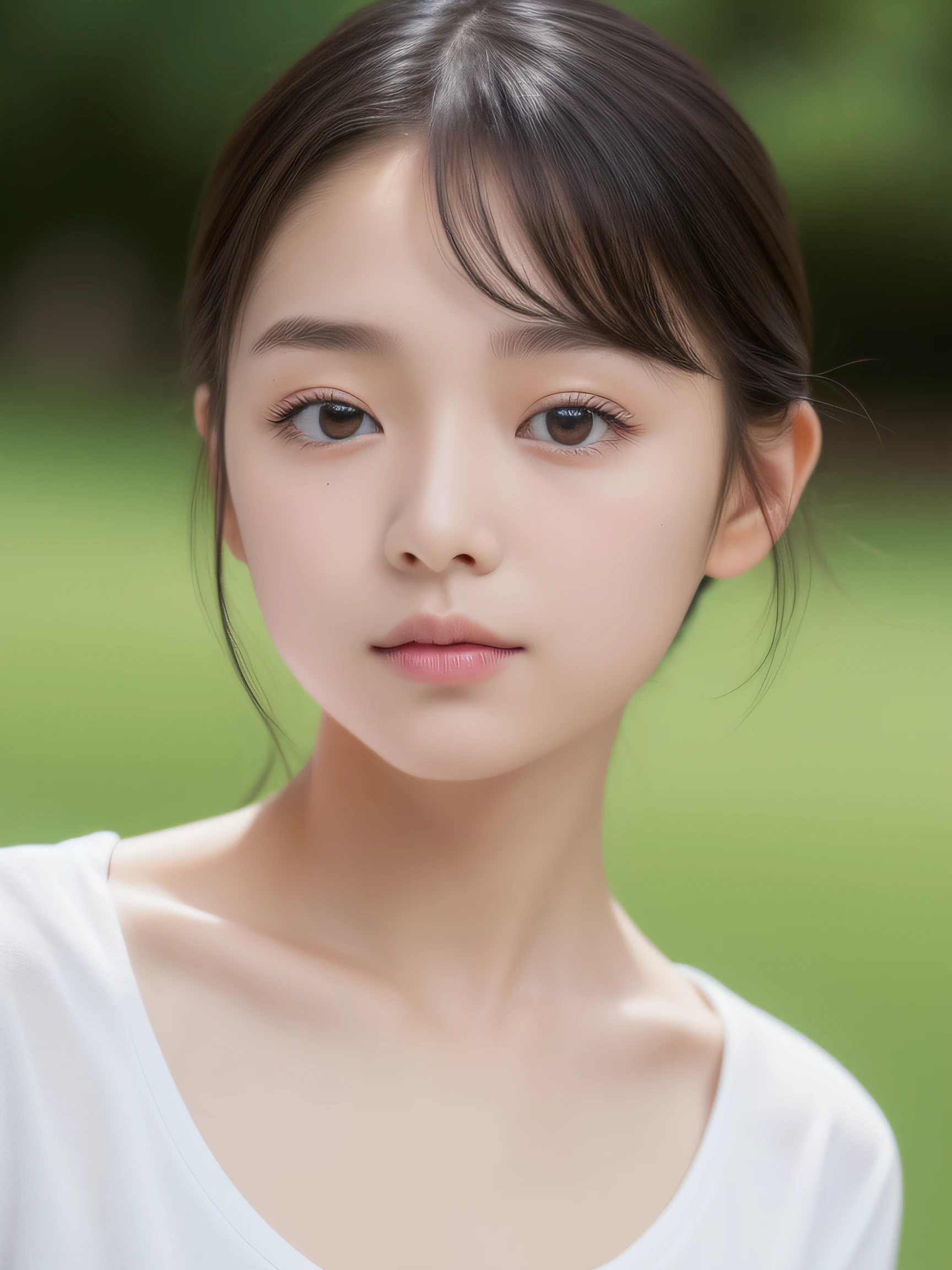 (top-quality、8K、32K、​masterpiece、nffsw:1.2)、Neat and clean schoolgirl、petite person、13yo girl、Black short hair、beauitful face、(Slouched:1.3)、full bodyesbian、Loose white t-shirt、Denim shorts、(slim, Small, Flat, Small)、delicate sexy collarbone、Detailed eyes、Black eyes、Double eyelids、outside of house、the wind、shinny skin、blurry backround、