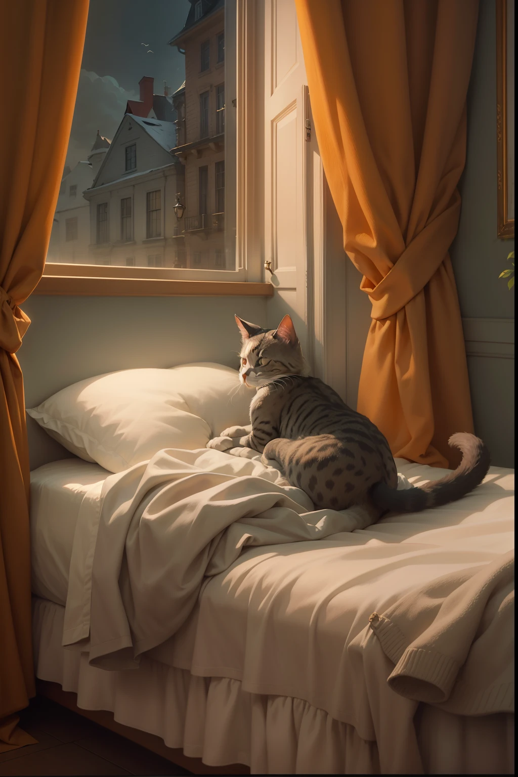 Painting of a woman sitting in bed and looking out the window, a cat sleeping in bed like a man, Chris van Allsburg, Van Allsburg, inspired by Peter de Hoh, Krzysztof Boguszewski, Dragan Bibin, based on Andrea Kovc, Francine Van Hove, based on John Breck, inspired by Ruth Sanderson