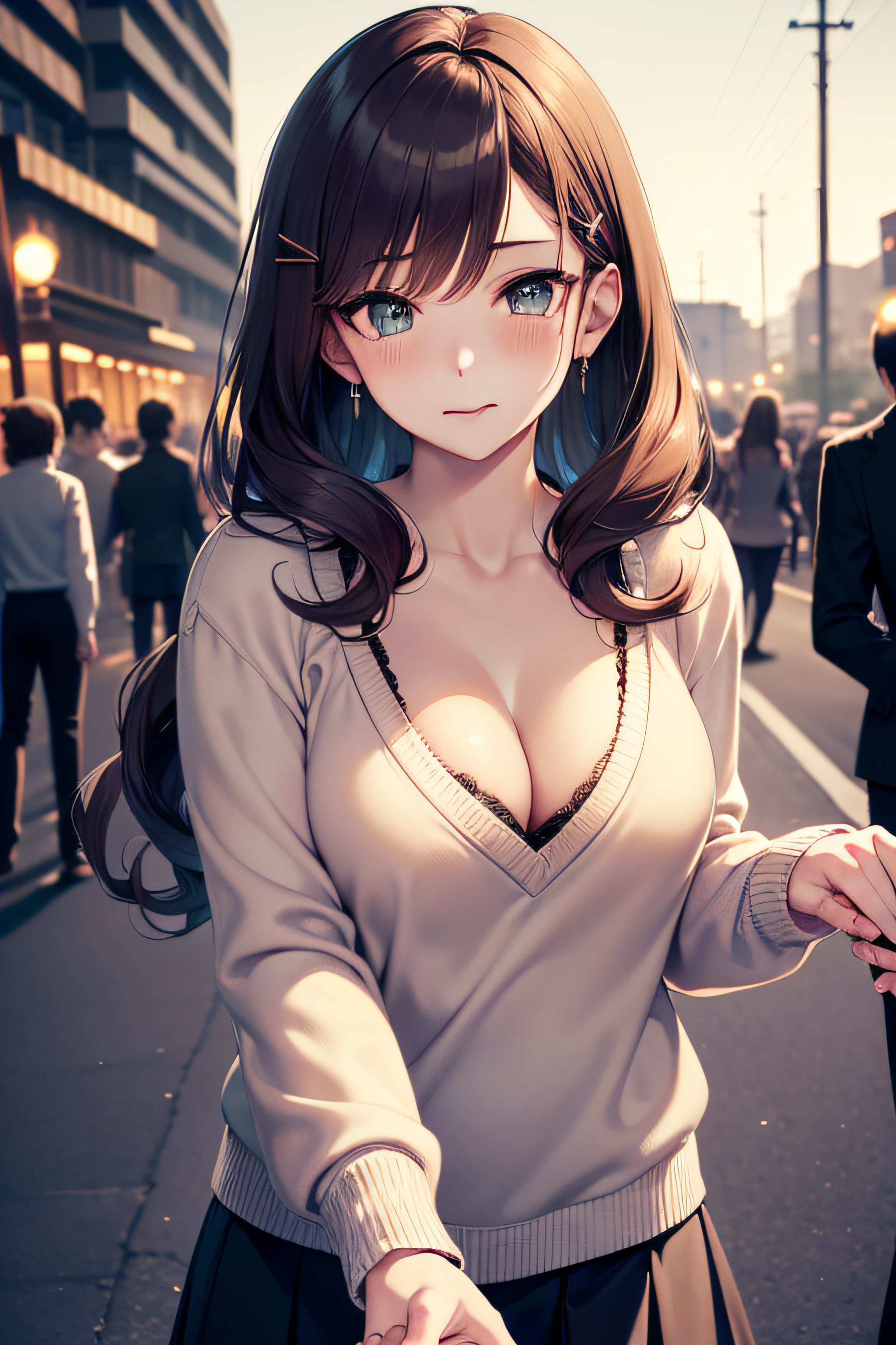 ((masterpiece, best quality, highres, UHD, perfect pixel, depth of field, 4k, RTX, HDR))), 1girl, single, solo, beautiful anime girl, beautiful artstyle, anime character, 24 years old, ((long hair, bangs, dark brown hair, curly hair:1.4, hair pin)), ((detailed face, blushing:1.2)), ((detailed eyes, anime eyes style, beautiful eyes, green eyes:1.8, sparkling effect)), ((smooth texture:0.75, realistic texture:0.5, anime CG style)), ((medium breasts, cleavage)), dynamic angle, busty, perfect body, ((close up, POV, cute, shot on face, holding hand)), ((casual clothes, white sweater, skirt, the bra is visible from inside the sweater)), outdoor background, absurd background, bokeh:1.4, night, crowd, night lights, city building