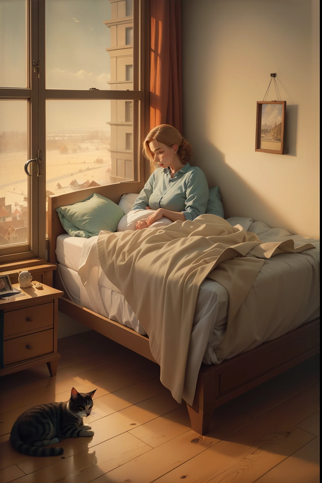 Painting of a woman sitting in bed and looking out the window, a cat sleeping in bed like a man, Chris van Allsburg, Van Allsburg, inspired by Peter de Hoh, Krzysztof Boguszewski, Dragan Bibin, based on Andrea Kovc, Francine Van Hove, based on John Breck, inspired by Ruth Sanderson