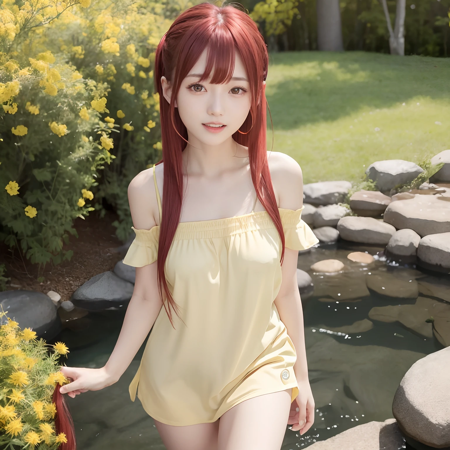 Orange long hair、hime-cut、Golden Eyes、eye glasses、ssmile、early teenage girls、flat chest、Thin pubic hair、Beautiful open legs、bath towels、grass field
