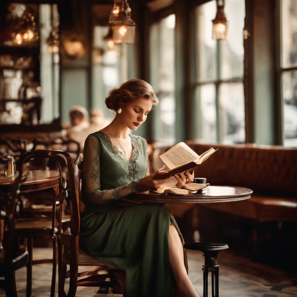 A woman reading a book in a café, Photography, vintage style, pixabay, Crisp, nostalgic, Soft lighting
