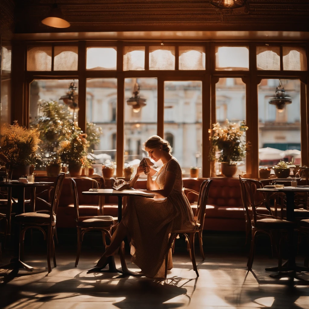A woman reading a book in a café, Photography, vintage style, pixabay, Crisp, nostalgic, Soft lighting