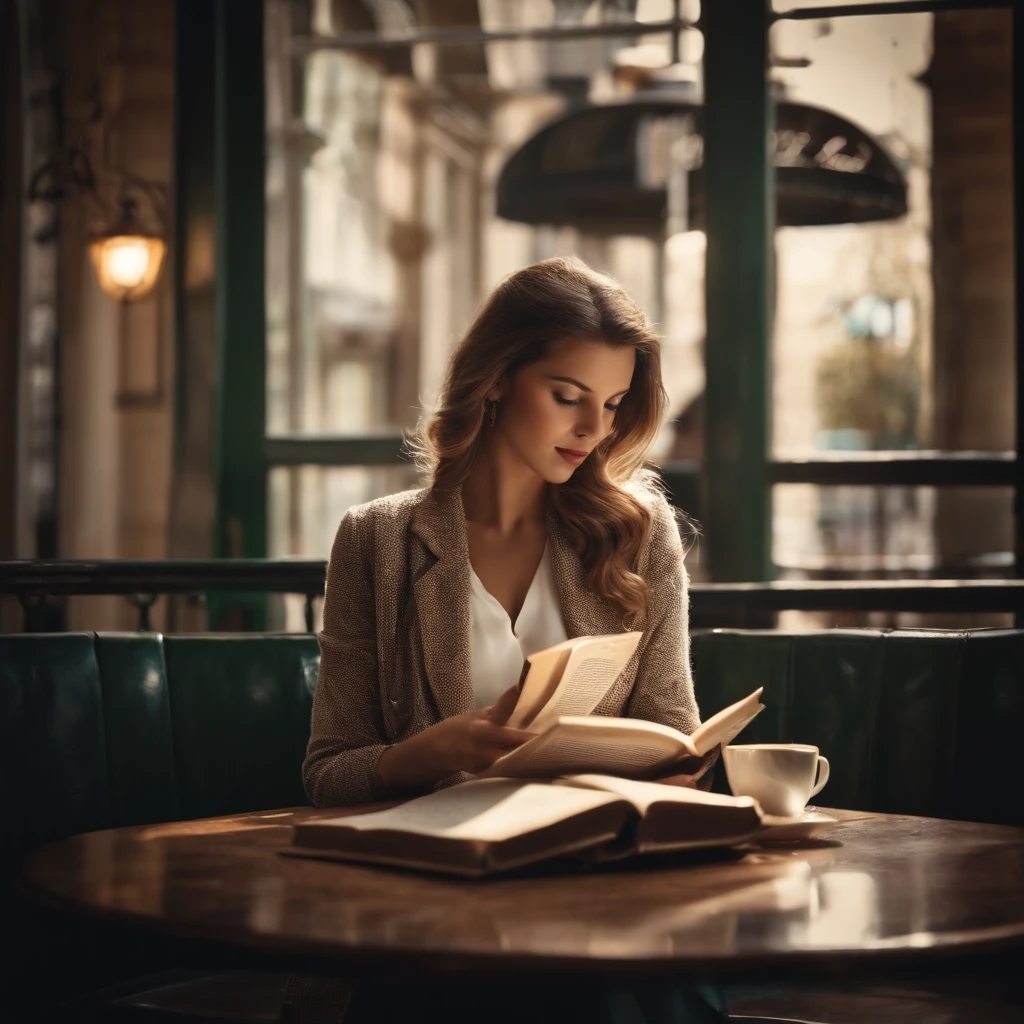 A woman reading a book in a café, Photography, vintage style, pixabay, Crisp, nostalgic, Soft lighting