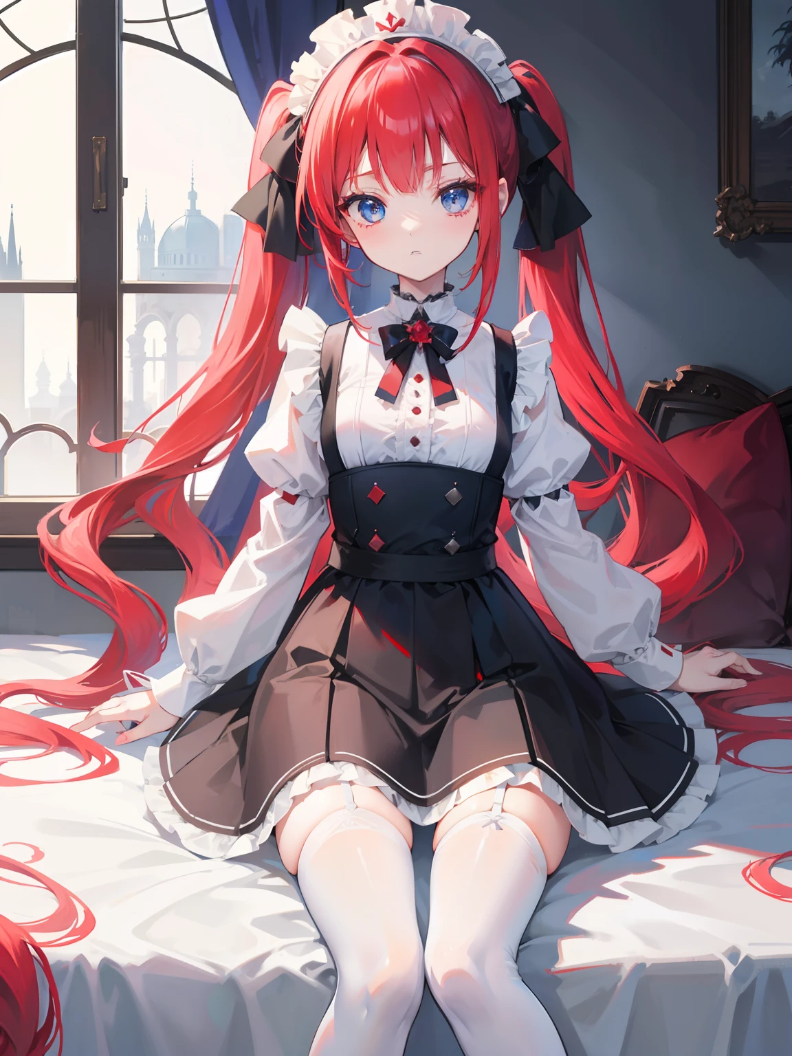 red hair,blue eyes,twintails,maid, long hair, long sleeves, gothic, solo, loli,Short skirt, white stockings,{{best quality}}, {{masterpiece}}, {{ultra-detailed}}, {illustration}, {detailed light}, {an extremely delicate and beautiful},little girl,cute,