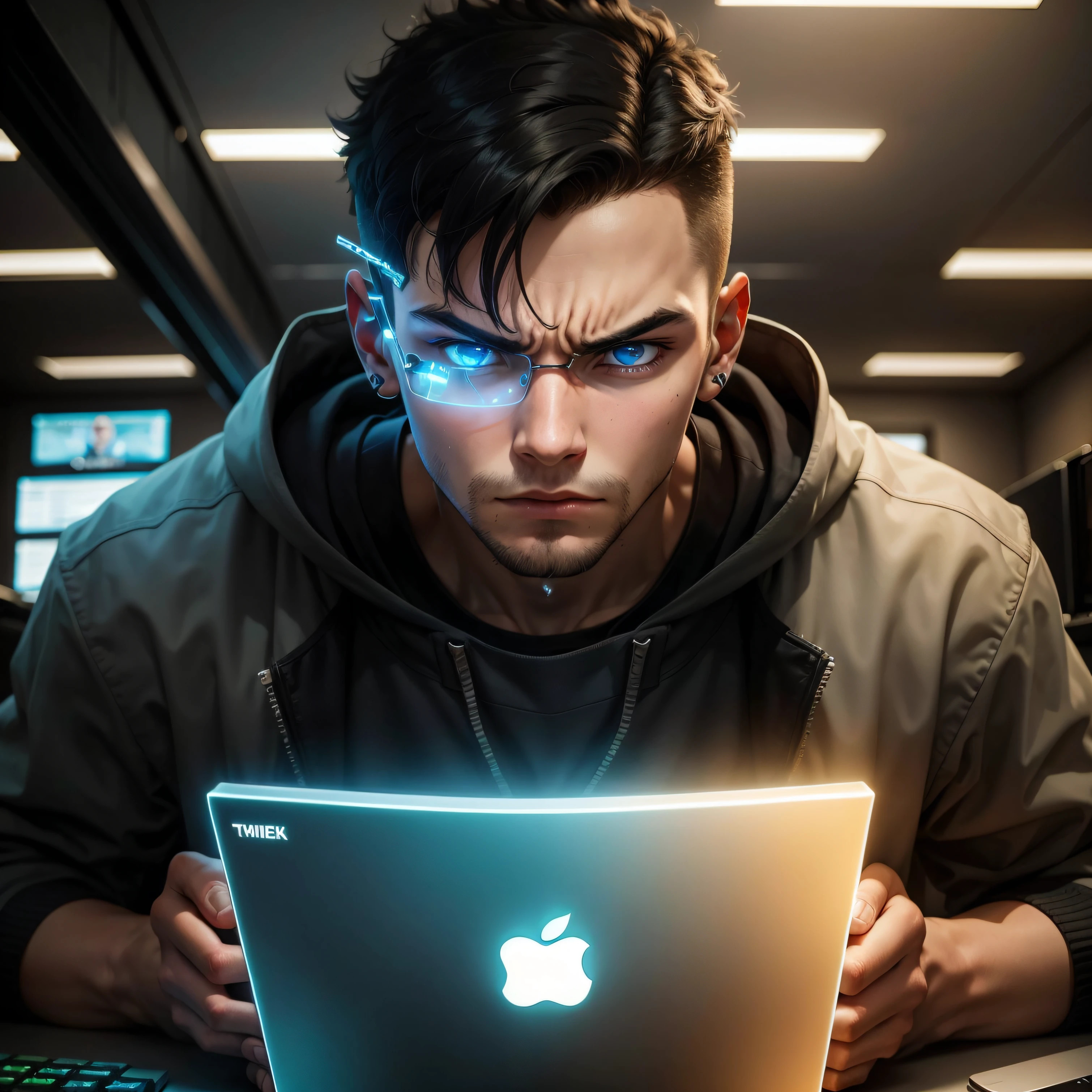 24-year-old boy with glass computer hacker look angry without cutting his arms in the picture