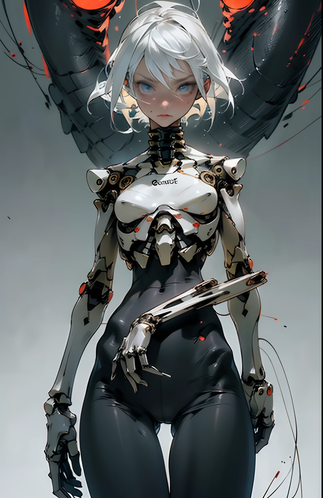 (masterpiece, top quality, best quality, official art, beautiful and aesthetic:1.2), (1girl:1.3), extreme detailed, colorful, highest detailed ((ultra-detailed)), (highly detailed CG illustration), ((an extremely delicate and beautiful)), cinematic light, ((1mechanical girl)),solo, cowboy shot, long shot (machine joints:1.2), ((mechanical limbs)), (blood vessels connected to tubes), (mechanical vertebra attaching to back) expressionless, (wires and cables attaching to neck:1.2), (character focus), science fiction, tubes on background, machines are attached to joints, white hair, white skin, looking at viewer, copper button, bronze, (black tights, ) perfect anatomy, blue eyes, monster finger, grabbing mechanical sword, ((5 fingers, dynamic pose)) tubes and bones on background,