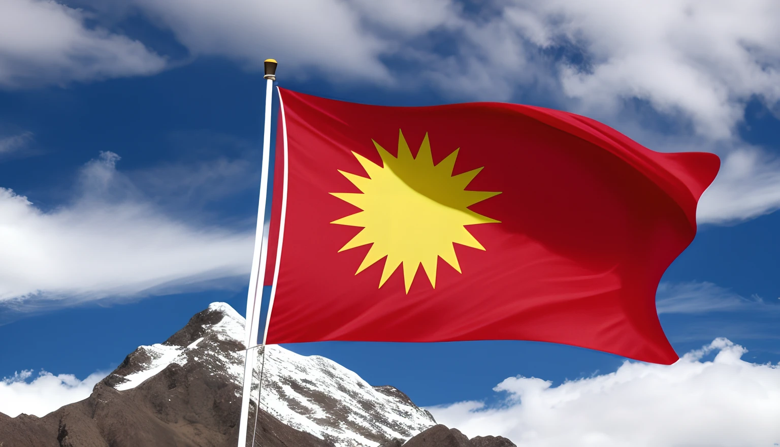 There is a close-up of a flag of a mountain in the middle, Kazakh, Argentina, flag, [ Digital art, ivan bolivian, vexillology, Oman, utah, Kurdistan, peruvian, Iran, Tibet, montana, Louisiana, [ mistic, egyption, idaho, gunma prefecture, jamaican, laos, The city of Quindío, Armenia, latina