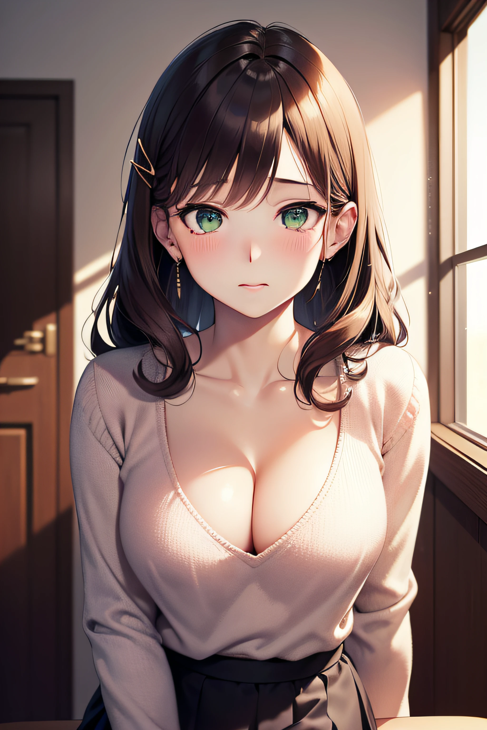 ((masterpiece, best quality, highres, UHD, perfect pixel, depth of field, 4k, RTX, HDR))), 1girl, single, solo, beautiful anime girl, beautiful artstyle, anime character, 24 years old, ((long hair, bangs, dark brown hair, curly hair:1.4, hair pin)), ((detailed face, blushing:1.2)), ((green eyes:1.8, sparkling effect)), ((smooth texture:0.75, realistic texture:0.5, anime CG style)), ((medium breasts, cleavage)), indoor, bedroom, dynamic angle, busty, perfect body, ((close up, POV, cute, shot on face, sighing expression)), ((casual clothes, white sweater, skirt, bra inside clothes)), natural light