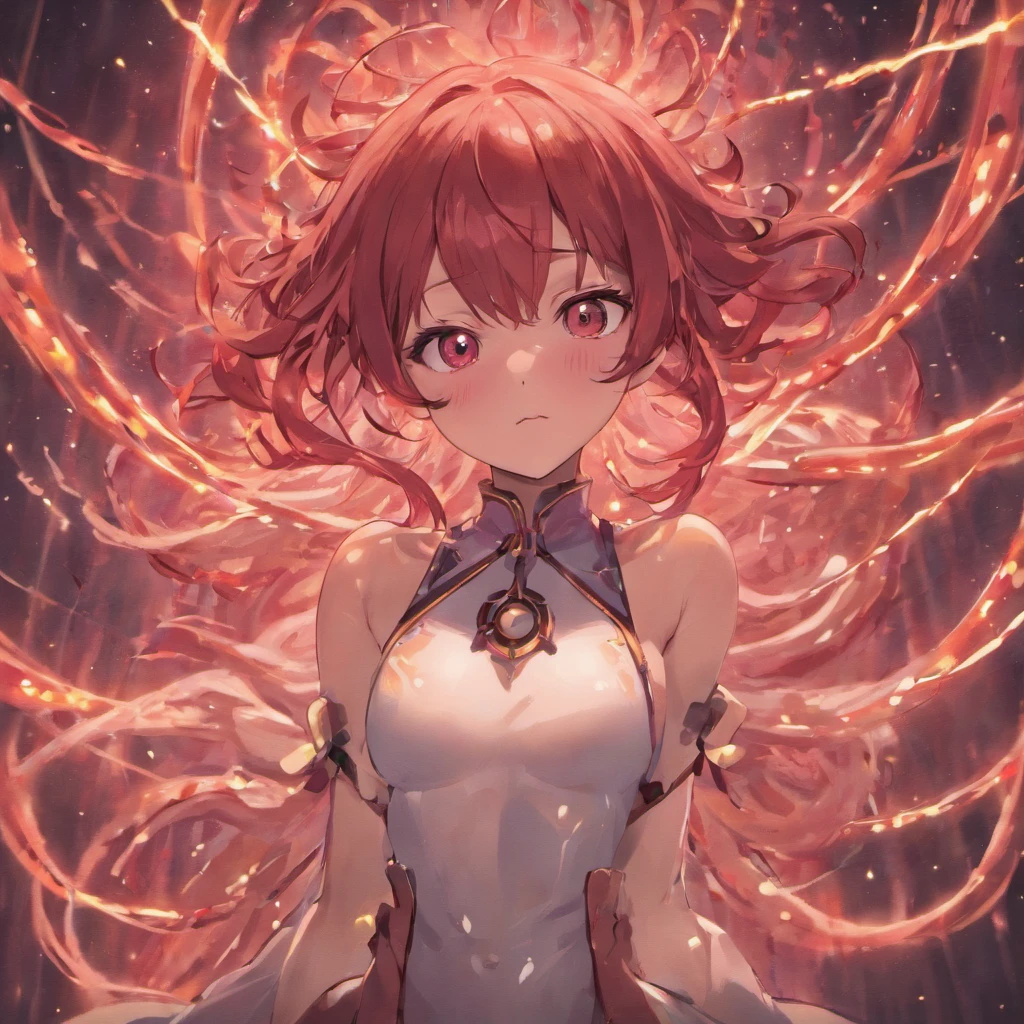masterpiece, best quality, 1girl, good anatomy, cute face, best lightning, red eyes, embarrassment, tentacles, bondage, tentacles over body