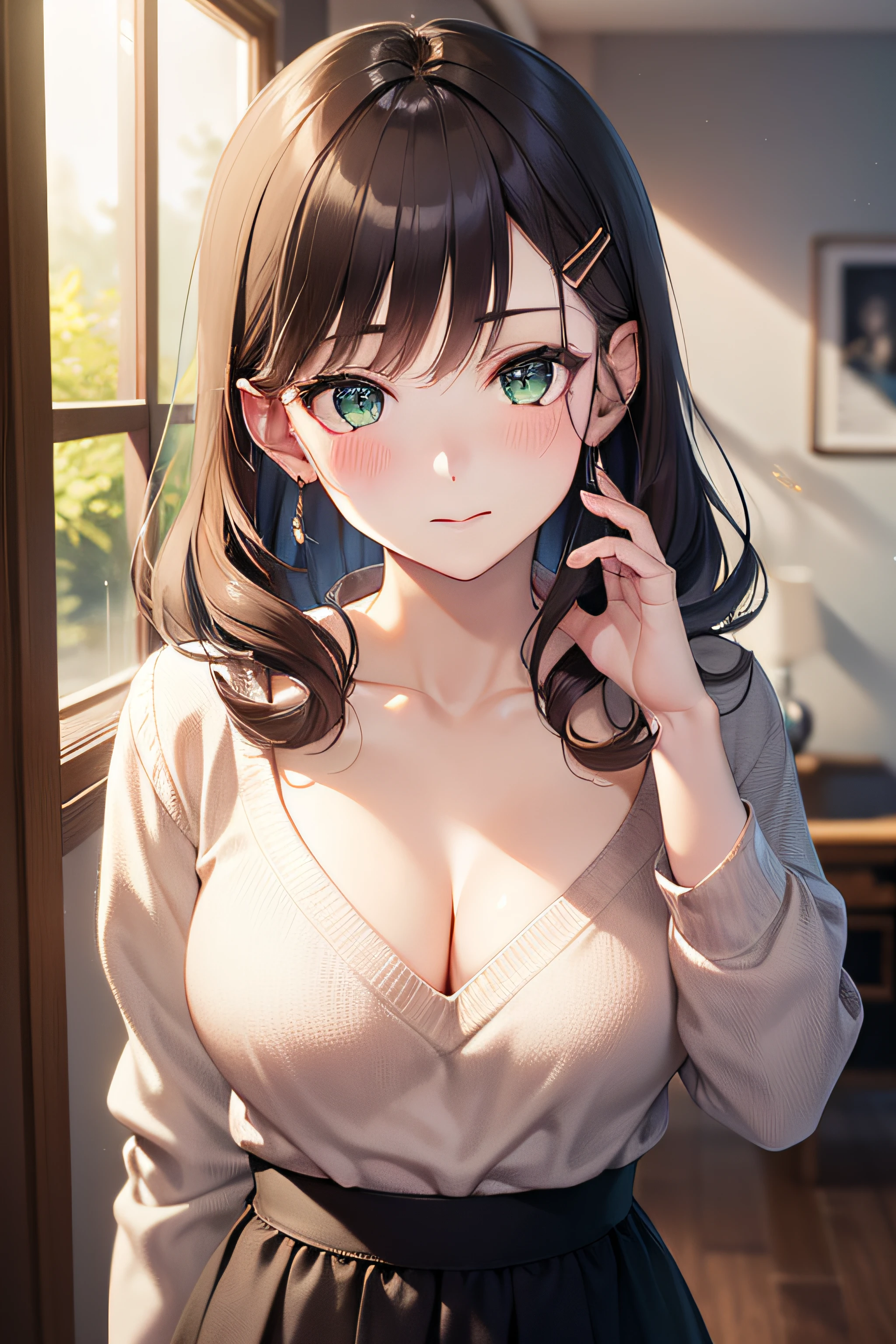 (masutepiece, Best Quality, hight resolution, nffsw, Perfect Pixel, depth of fields, 4K, nffsw, nffsw))), (Yumegatari), 1girl in, Single, Solo, Beautiful anime girl, Beautiful Art Style, Anime Character, 24 years old, ((Long hair, Bangs, dark brown hair, Curly hair:1.2, hair pin)), ((Detailed face, Blushing:1.2)), ((Detailed eyes, Green eyes:1.8, sparkling effect, detailed eyelash, Beautiful eyelashes)), ((Smooth texture:0.75, Realistic texture:0.55, Anime CG style)), ((medium breasts, cleavage)), Dynamic Angle, busty, Perfect body, ((close up, POV, Portrait, Cute)), ((White sweater, Skirt, Sliver Necklace)), Morning scenery, Natural light, From Side, (Indoor, Bedroom, by the window)