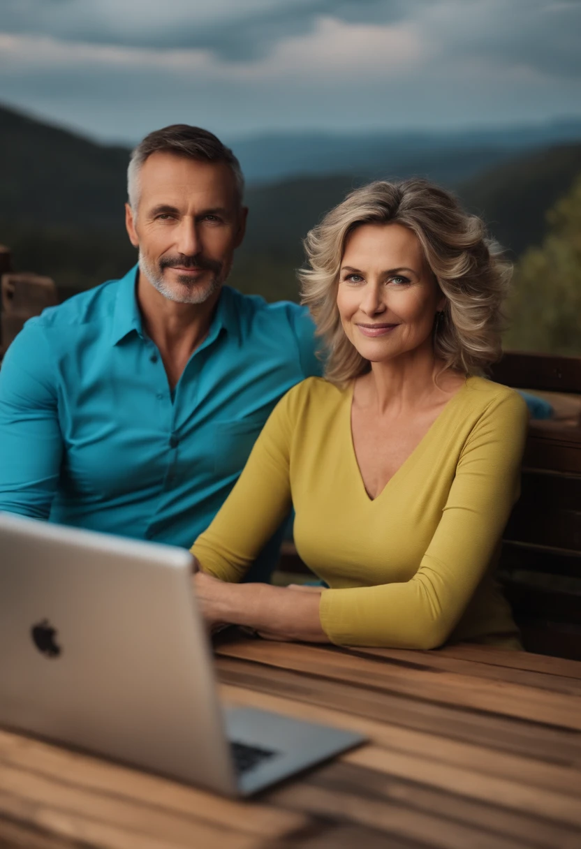 a very nice looking guy about 40 years old is looking in the camera and in the background his wife is looking on computer