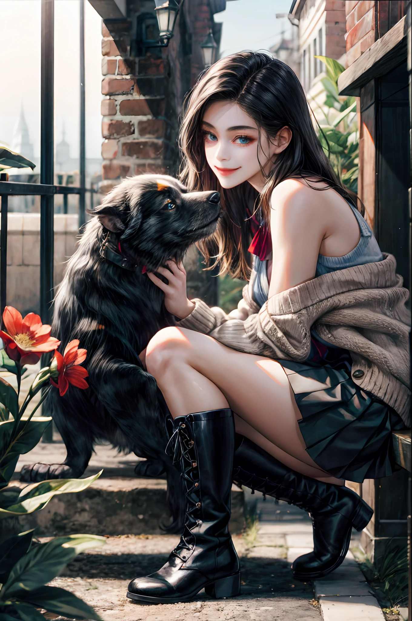 Heel Short Boots、Pleated Flower Skirt、cardigan、A dark-haired、The long-haired、a smile、In the street、off shoulders、Skin texture is the texture of actual human skin、Realistic eyes