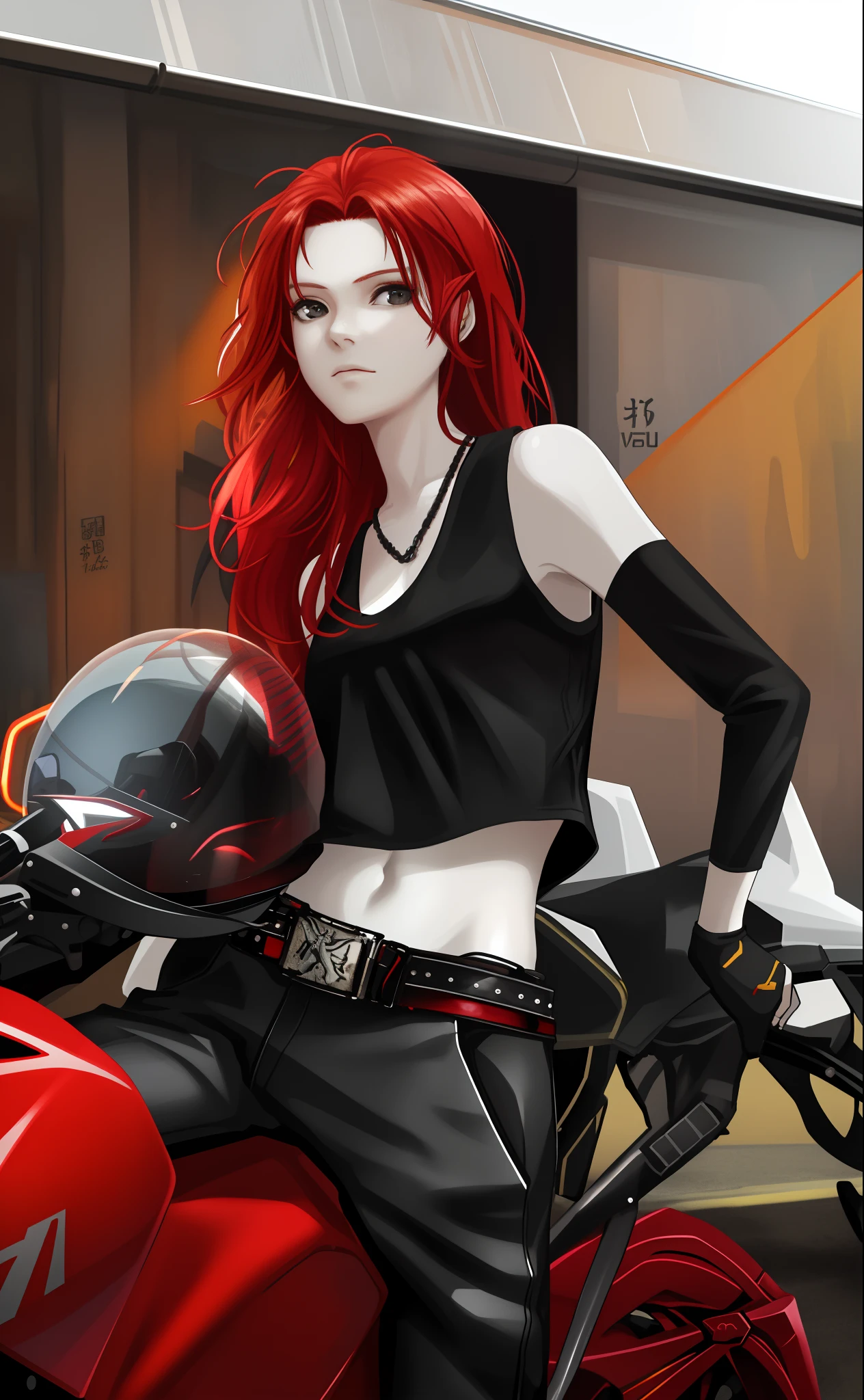 1girl, solo, (detailed background), (beautiful detailed face), highres, official art, (masterpiece, best quality, absurdres, highly detailed), (best illumination, best shadow), (anime, anime girl), mature, mature female, bare shoulders, black pants, crop top, black vest, black belt, long hair, red hair, black eyes, looking at viewer, stomach, ribs, thin, skinny, nice belly, deep navel, foot out of frame, pale skin, holding, holding helmet, motorcycle helmet, sitting, motorcycle, red motorcycle, on motorcycle, outdoors, street, cityscape