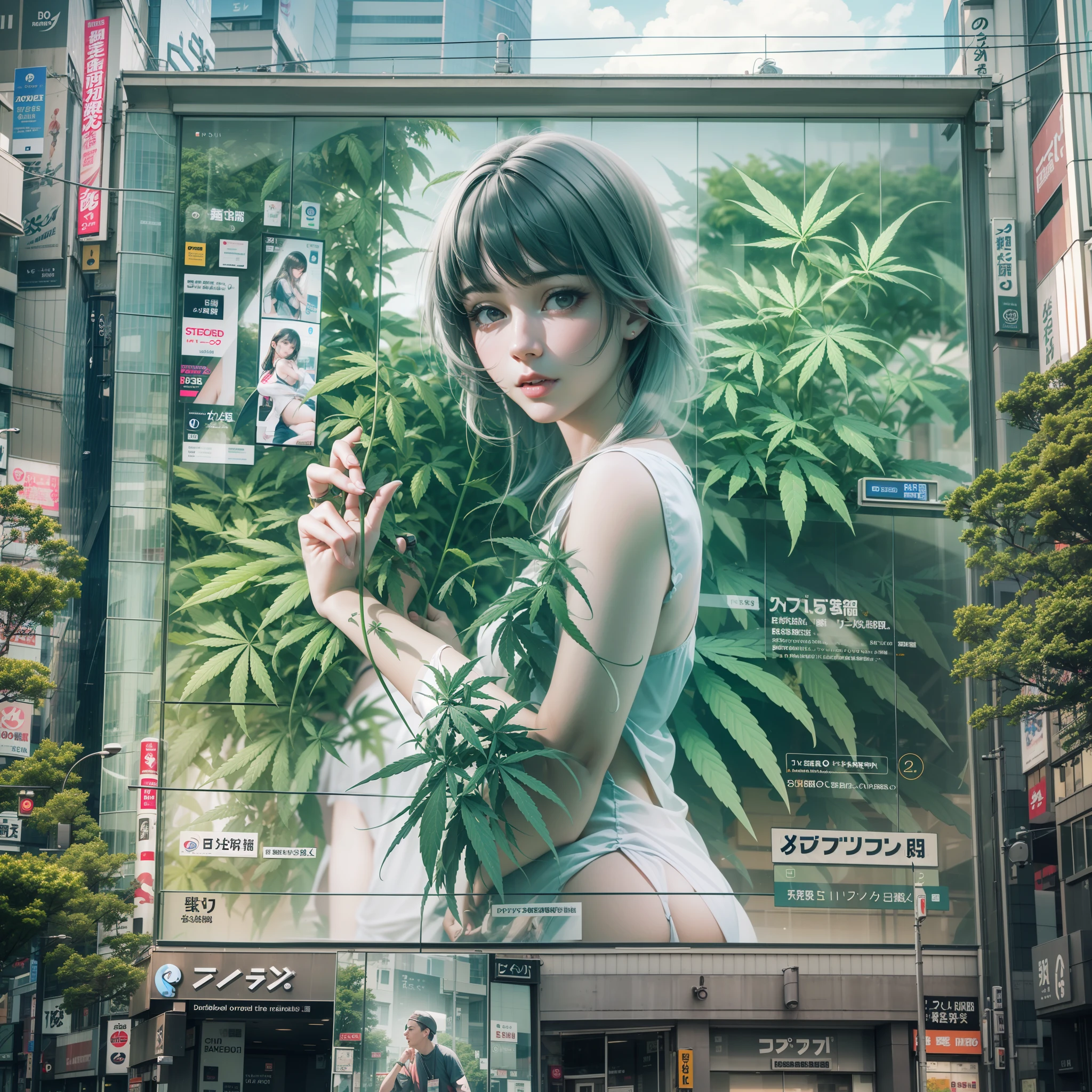 A new step for humanity, a cannabis advertisement on the LCD of a building in Shibuya, Tokyo, high resolution, high quality, innovative and comical artwork, realistic, futuristic art, CBD, beautiful women,