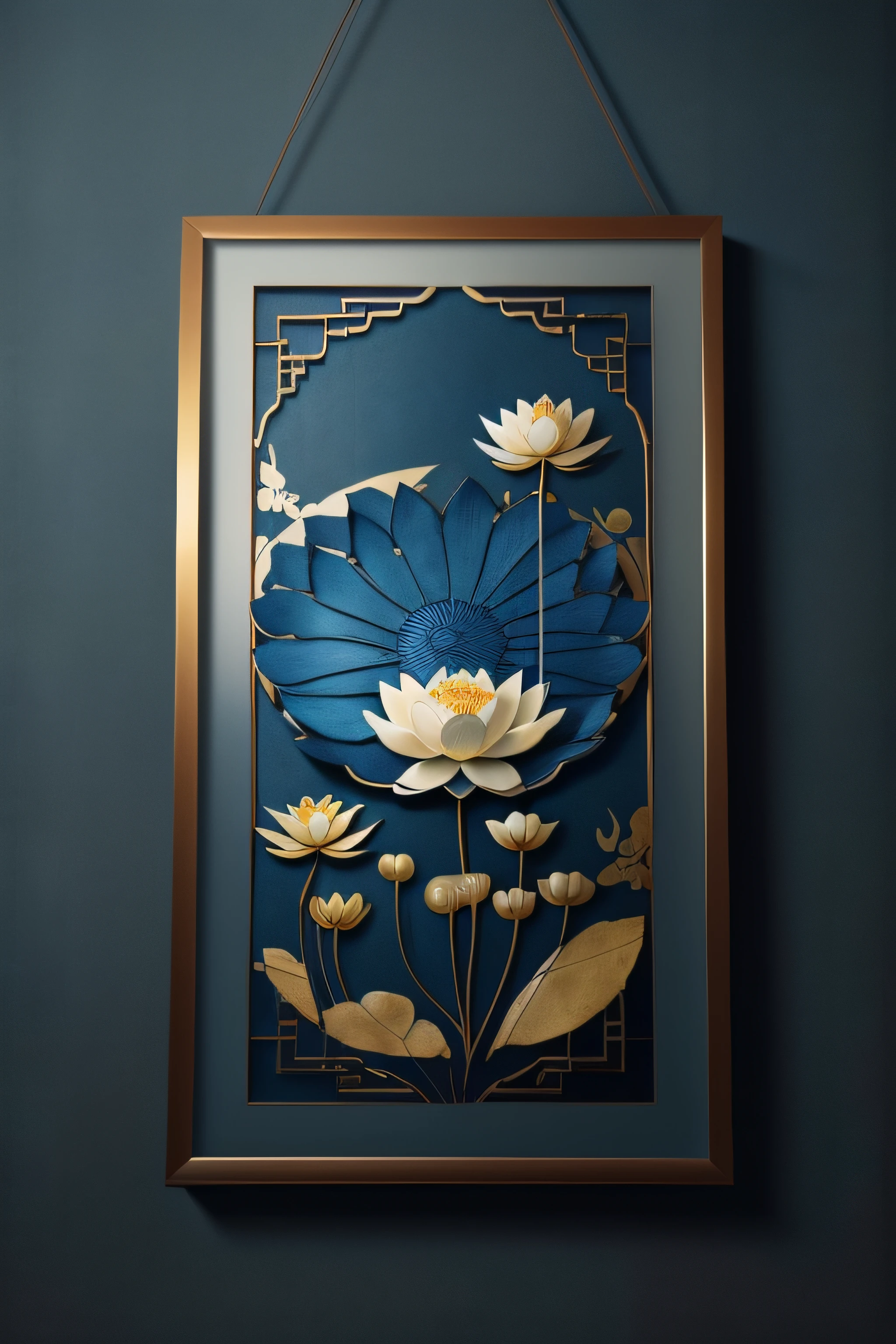 lotus flower ，Lotus leaf，Blue and gold Chinese wall art，Dark blue Chinese art print, Chinese decoration, Minimalist wall art, Indigo