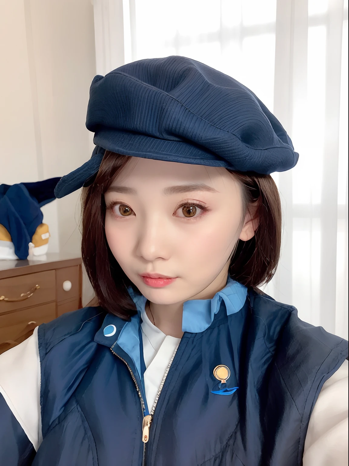 The Araved woman in a blue uniform put her hat on her head, wearing a navy blue utility cap, chiho, Porquimane, sun yunjoo, sakimichan, author:Miyamoto, ulzzangs, live2d virtual youtuber model, wearing a french beret, lulu chen, xintong chen, Choi Hyun-hwa, girl in uniform