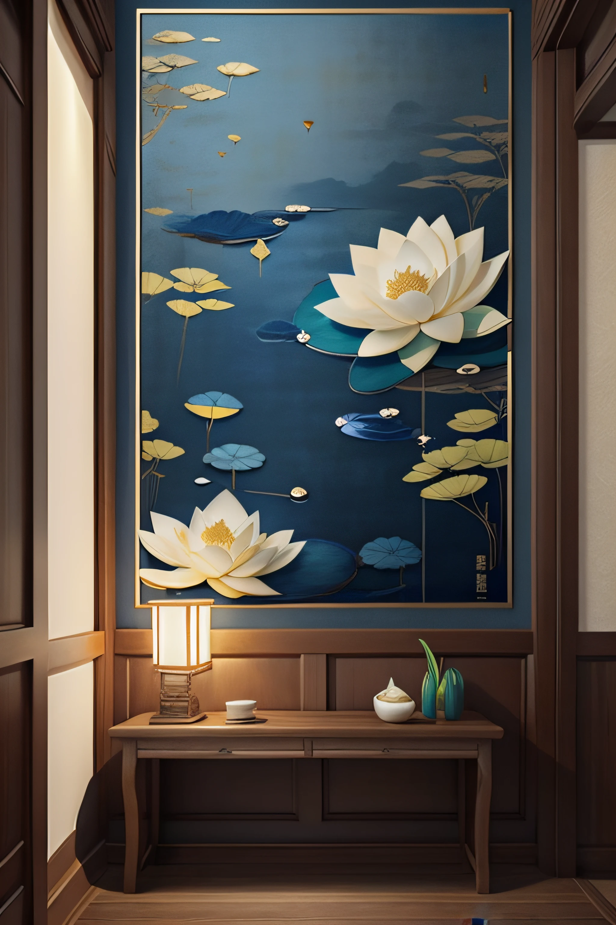 lotus flower ,Lotus leaf,Blue and gold Chinese wall art,Dark blue Chinese art print, Chinese decoration, Minimalist wall art, Indigo