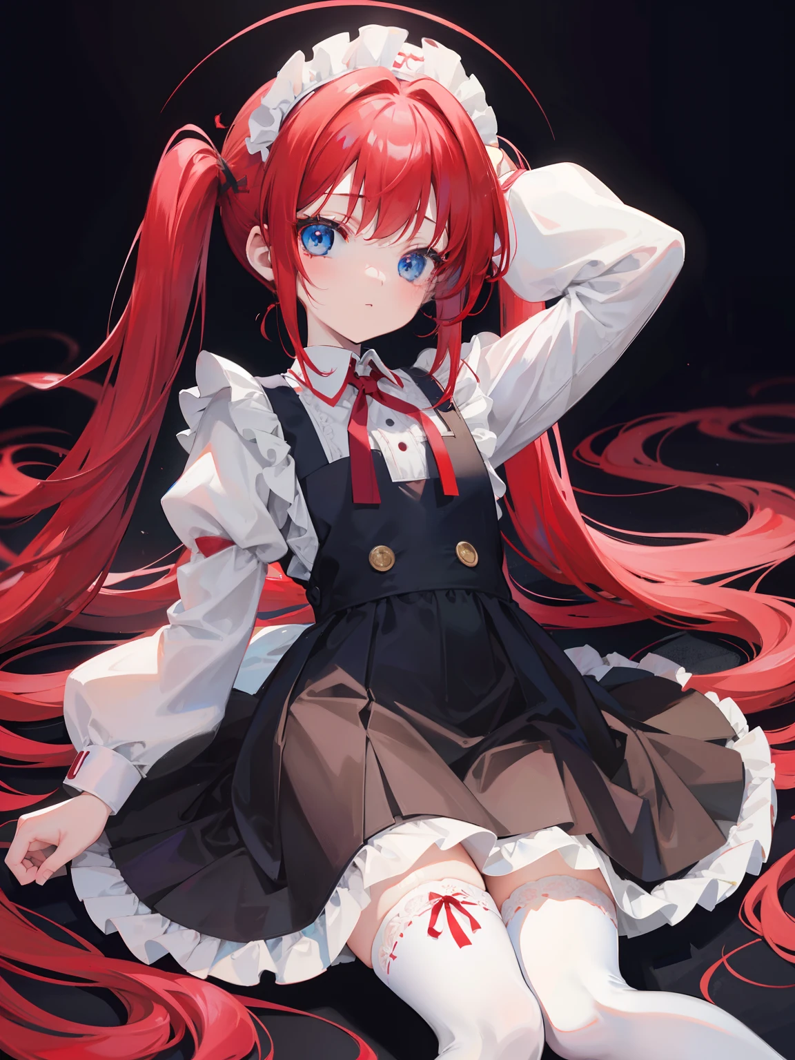 red hair,blue eyes,twintails,maid, long hair, long sleeves, gothic, solo, loli,Short skirt, white stockings,{{best quality}}, {{masterpiece}}, {{ultra-detailed}}, {illustration}, {detailed light}, {an extremely delicate and beautiful},little girl,cute,