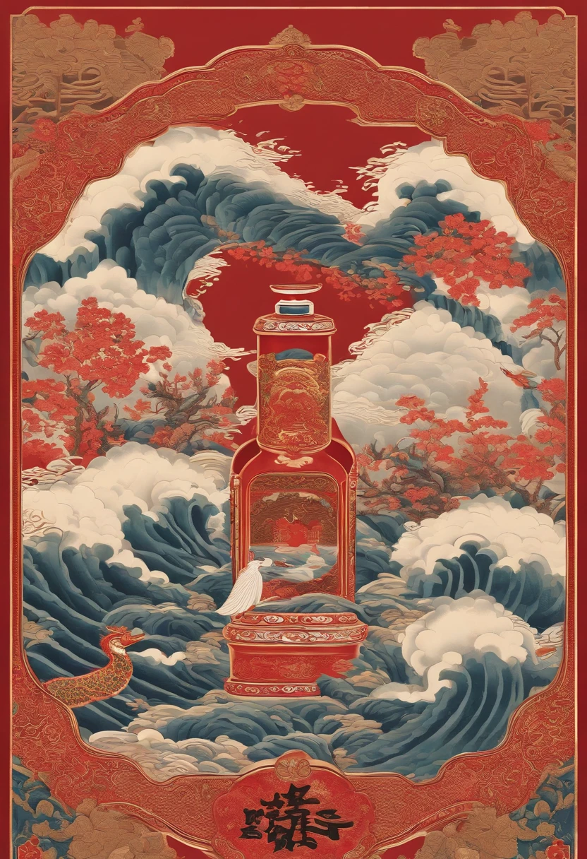 Noisy album cover，The main object is a bottle of baijiu with a theme of Chinese mythology and intricate patterns