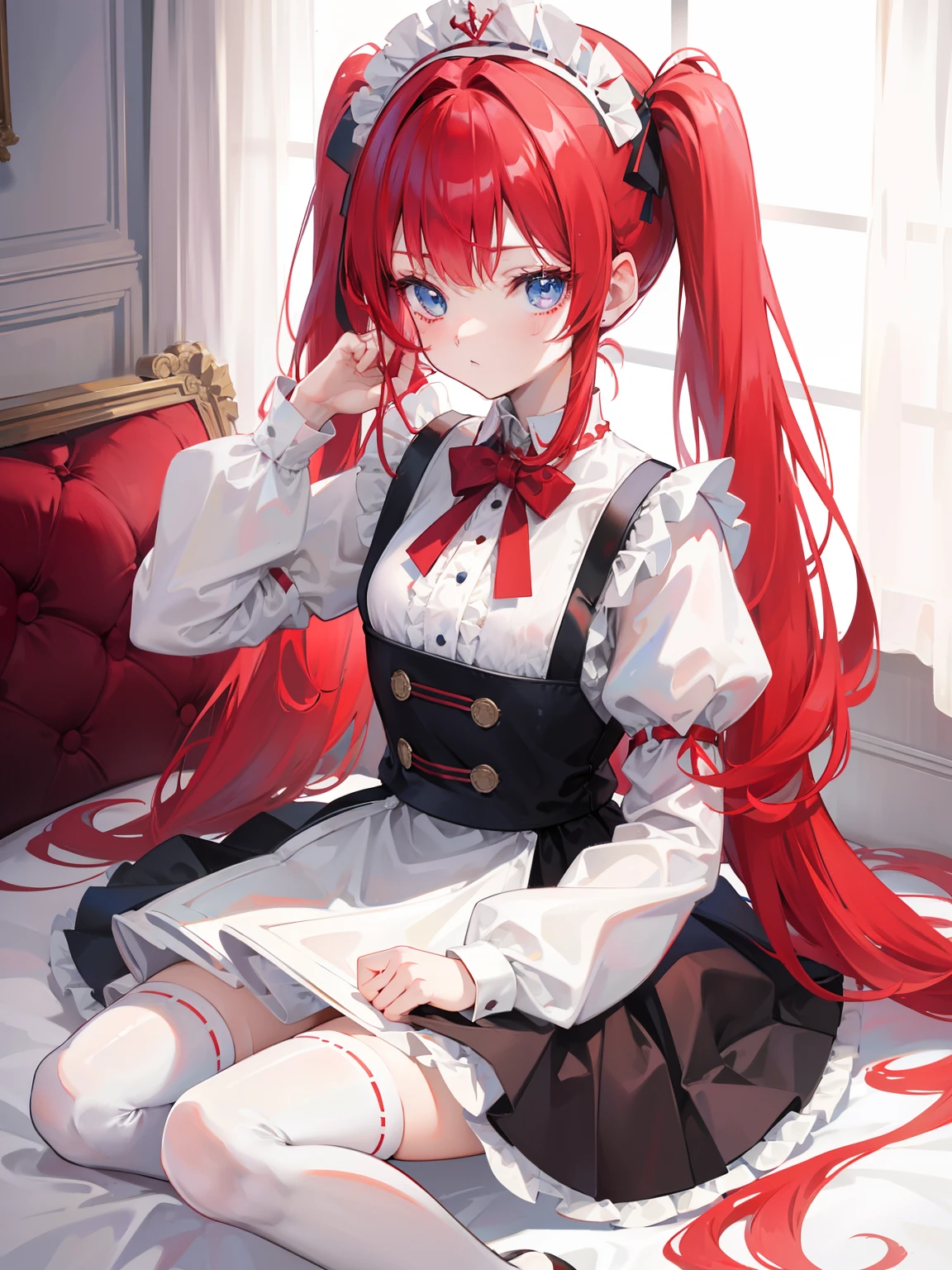 red hair,blue eyes,twintails,maid, long hair, long sleeves, gothic, solo, loli,Short skirt, white stockings,{{best quality}}, {{masterpiece}}, {{ultra-detailed}}, {illustration}, {detailed light}, {an extremely delicate and beautiful},little girl,cute,