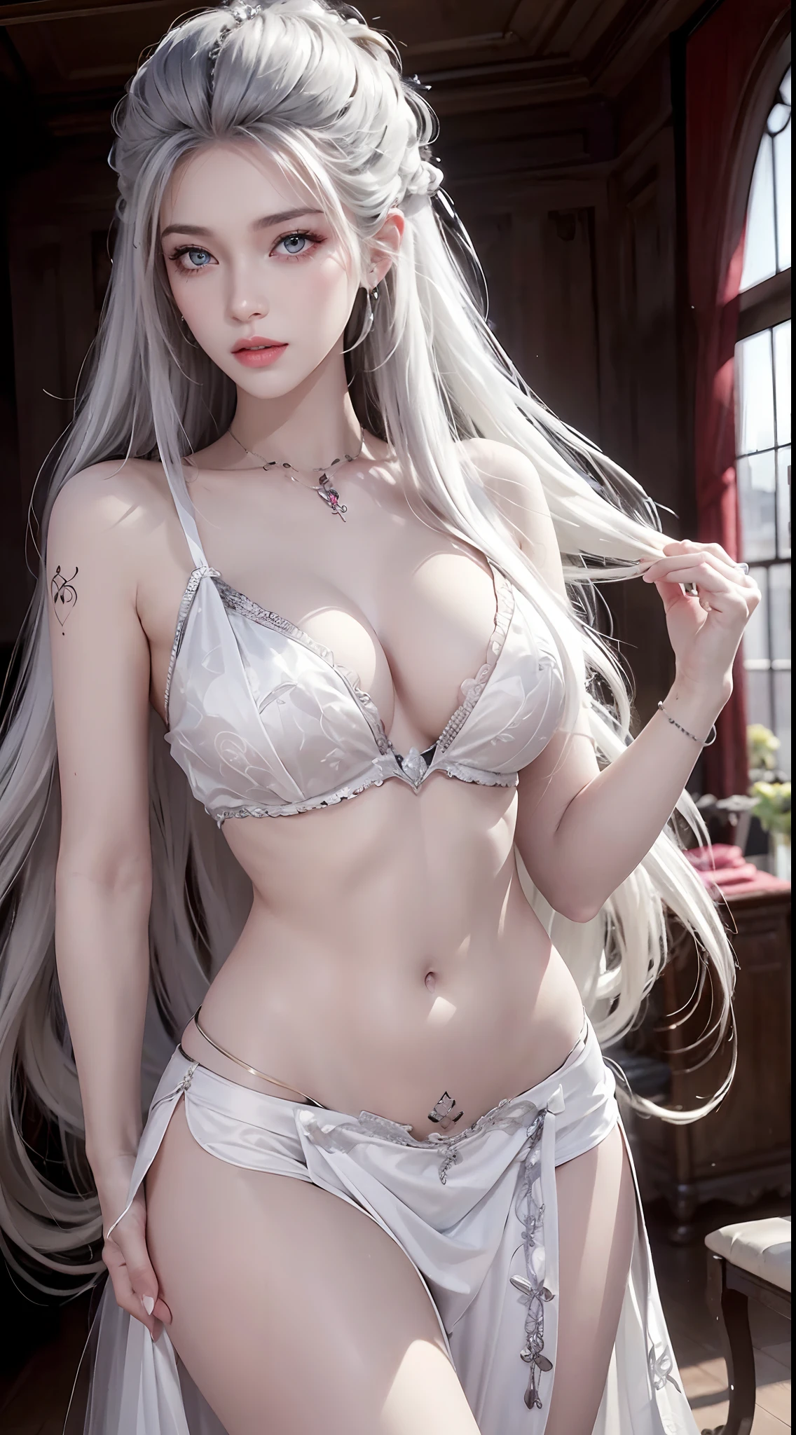 Photorealistic, high resolution, 1 woman, Hips up, Beautiful eyes, White hair, Long hair, ringed eyes, jewelry, tattoo, wedding dress