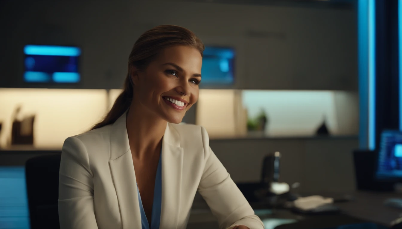 I want a well-dressed realistic executive woman smiling attending to a person and the office setting with the blue led background