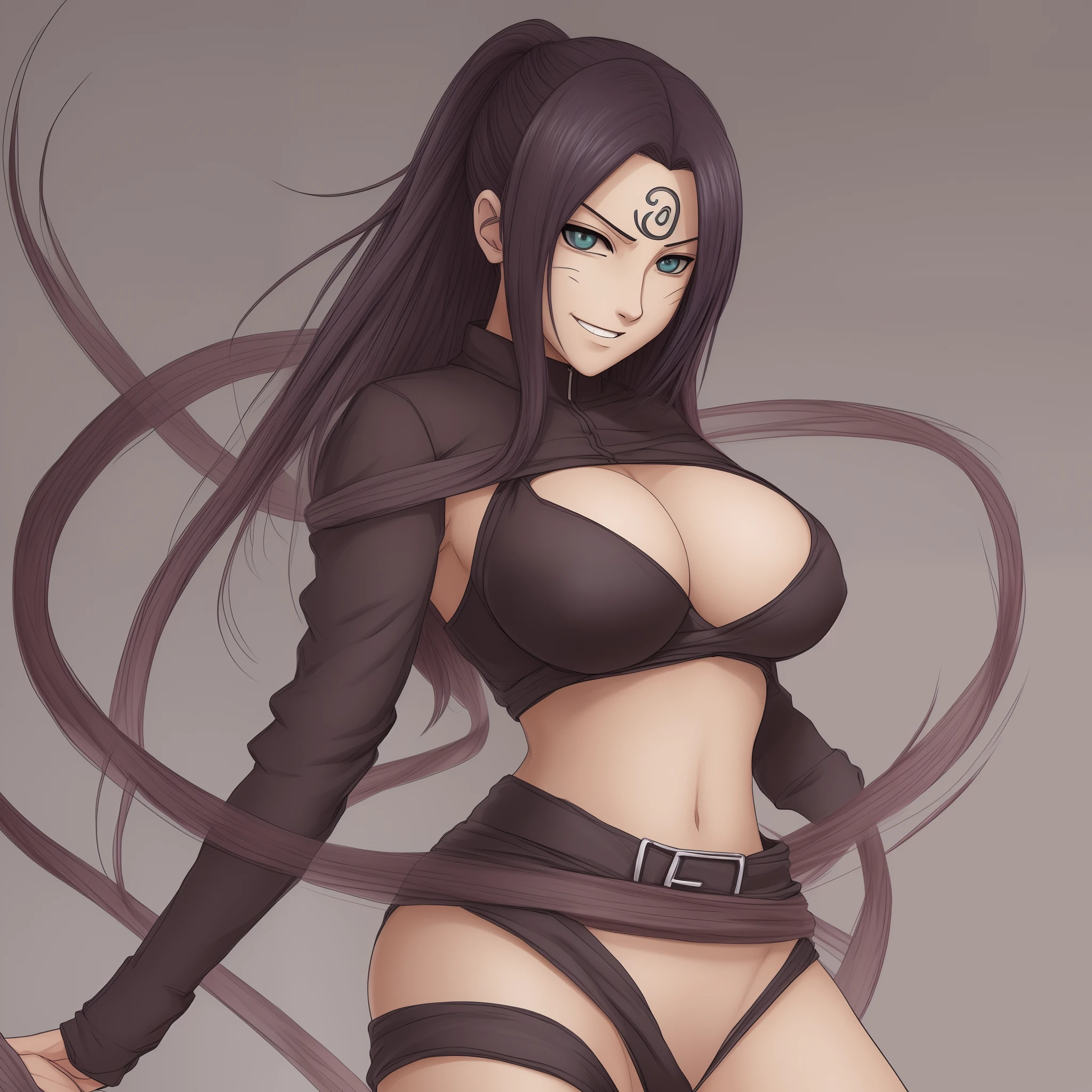 Naruto fusion with Orochimaru, sexy, smiling, looking to you, sexy suit, big breast, thighs high, mature women