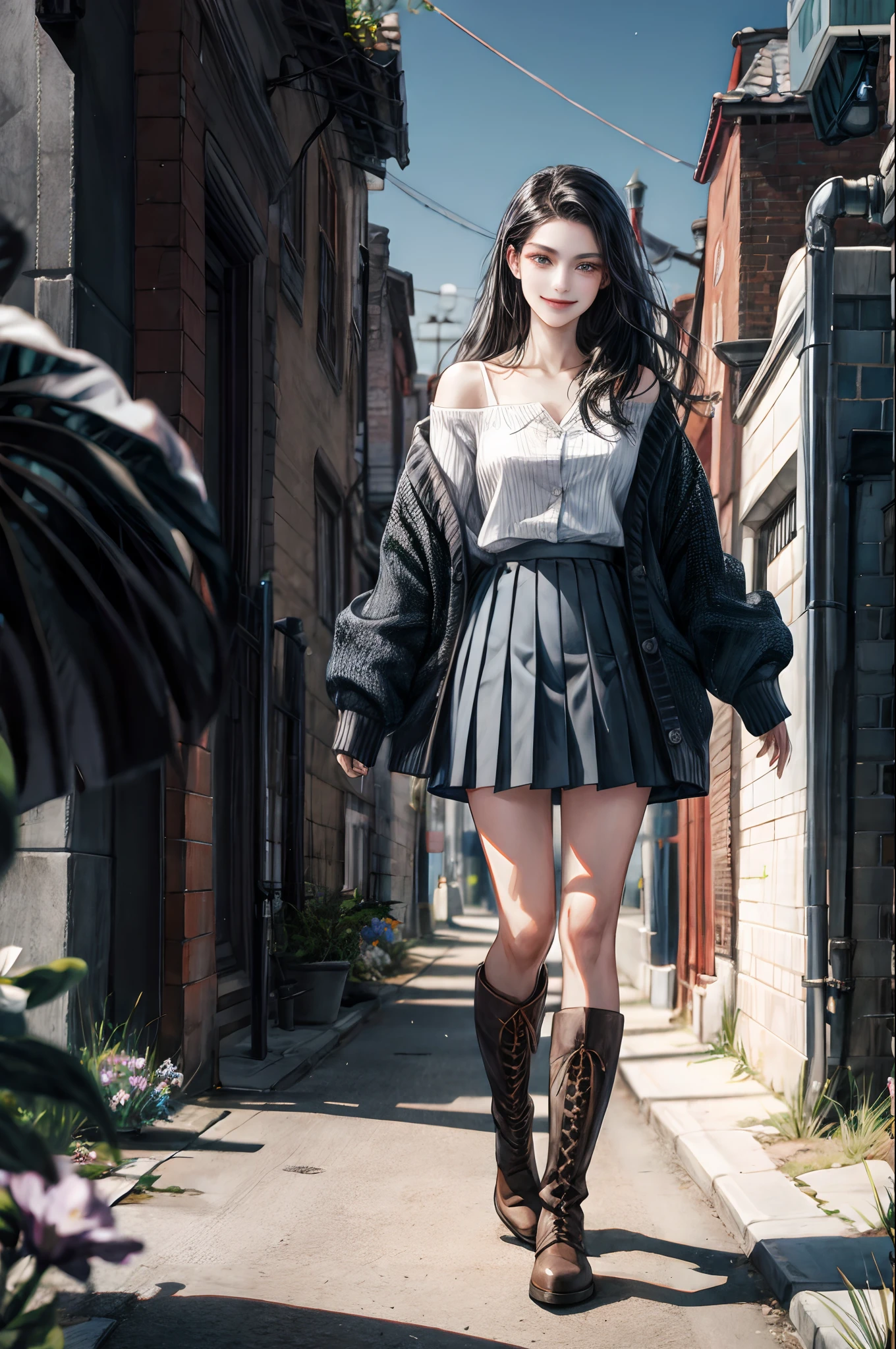 Heel Short Boots、Pleated Flower Skirt、cardigan、A dark-haired、The long-haired、a smile、In the street、off shoulders、Skin texture is the texture of actual human skin、Realistic eyes