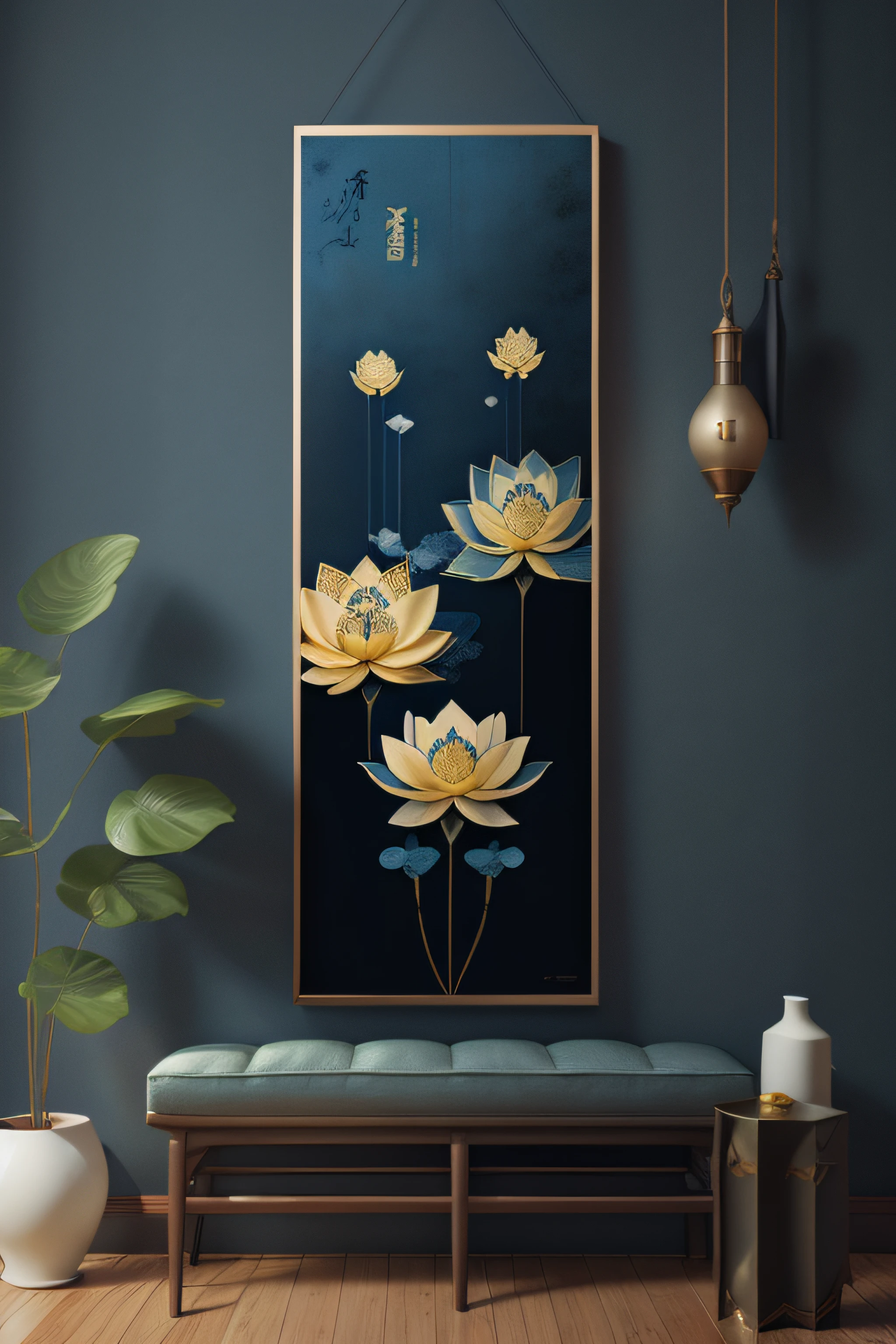 lotus flower ,Lotus leaf,Blue and gold Chinese wall art,Dark blue Chinese art print, Chinese decoration, Minimalist wall art, Indigo