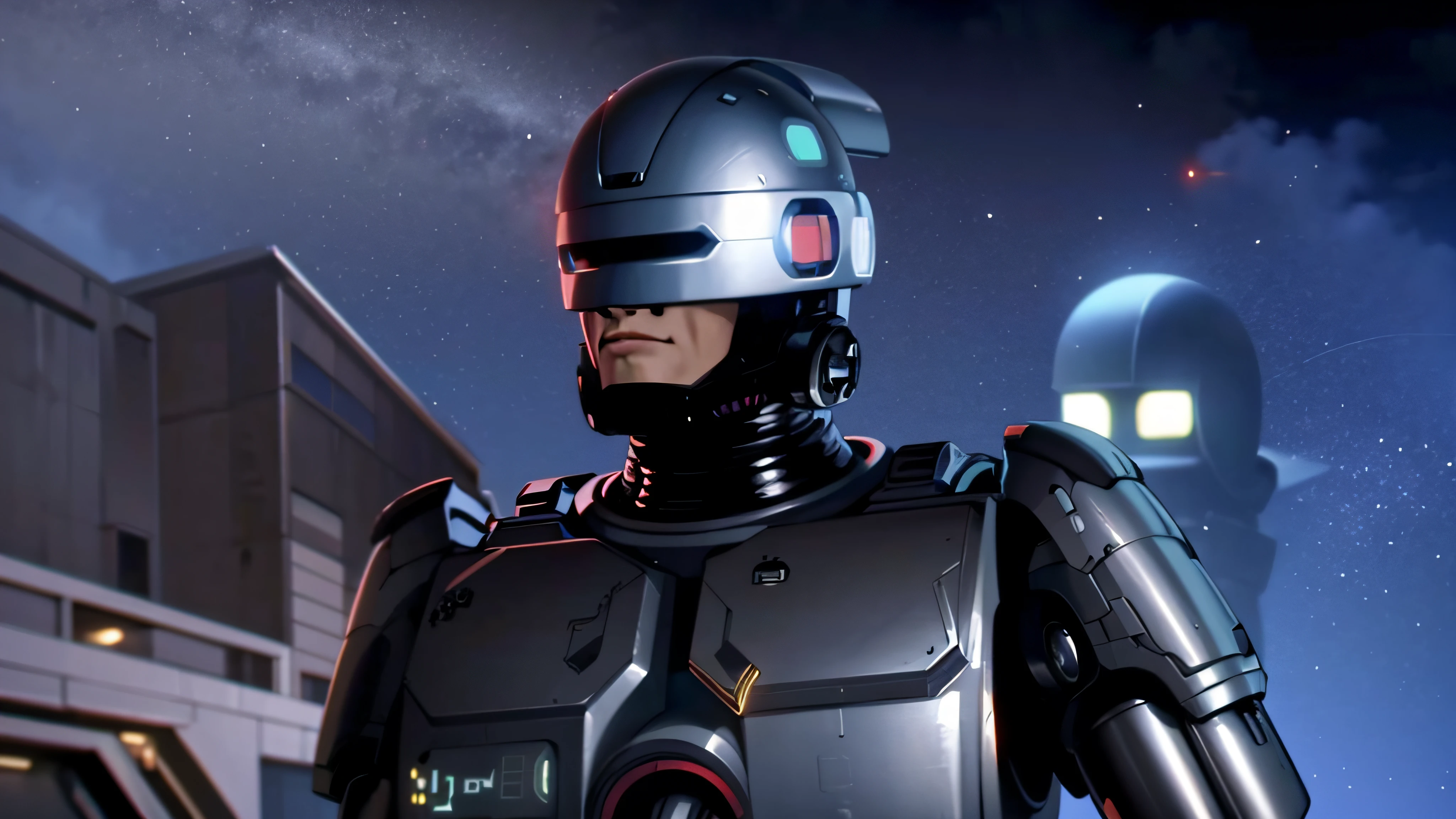Arafed robot in a helmet and a helmet on a street, Robocop, Retrato Robocop, Robocop de Jodorowsky, Pato Robocop, filme ainda de um ciborgue legal, 1 9 8 0 s sci - science fiction film, movie still of a villain cyborg, filme ainda de um ciborgue, cybersuits, Ainda de um filme de Ridley Scott