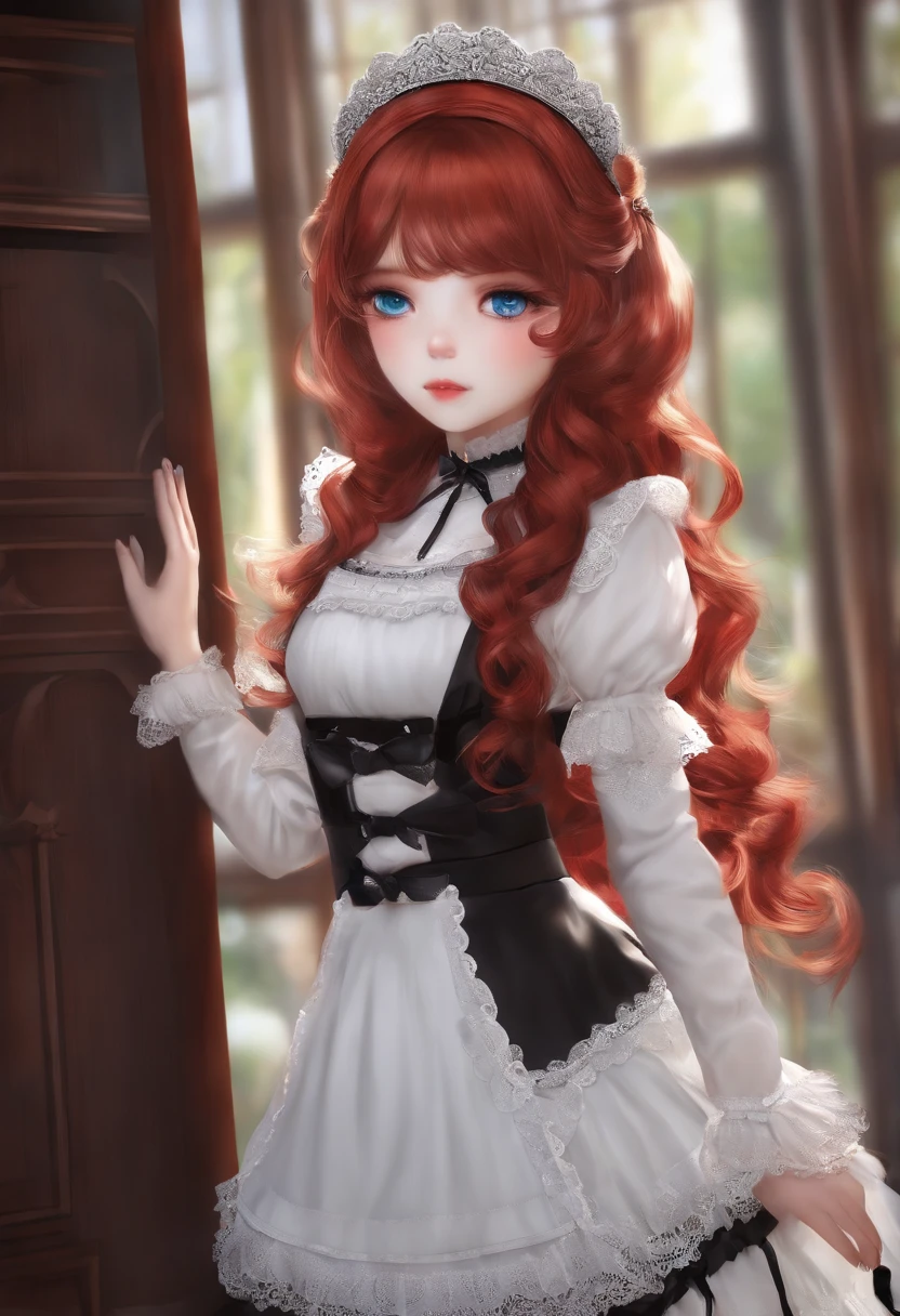 Red hair,Blue eyes,double tails,maid, Long hair, Long sleeves, Gothic, Solo, Loli,Short skirt, White stockings,{{Best quality}}, {{Masterpiece}}, {{Ultra-detailed}}, {illustration}, {Detailed light}, {An extremely delicate and beautiful},,Cute,