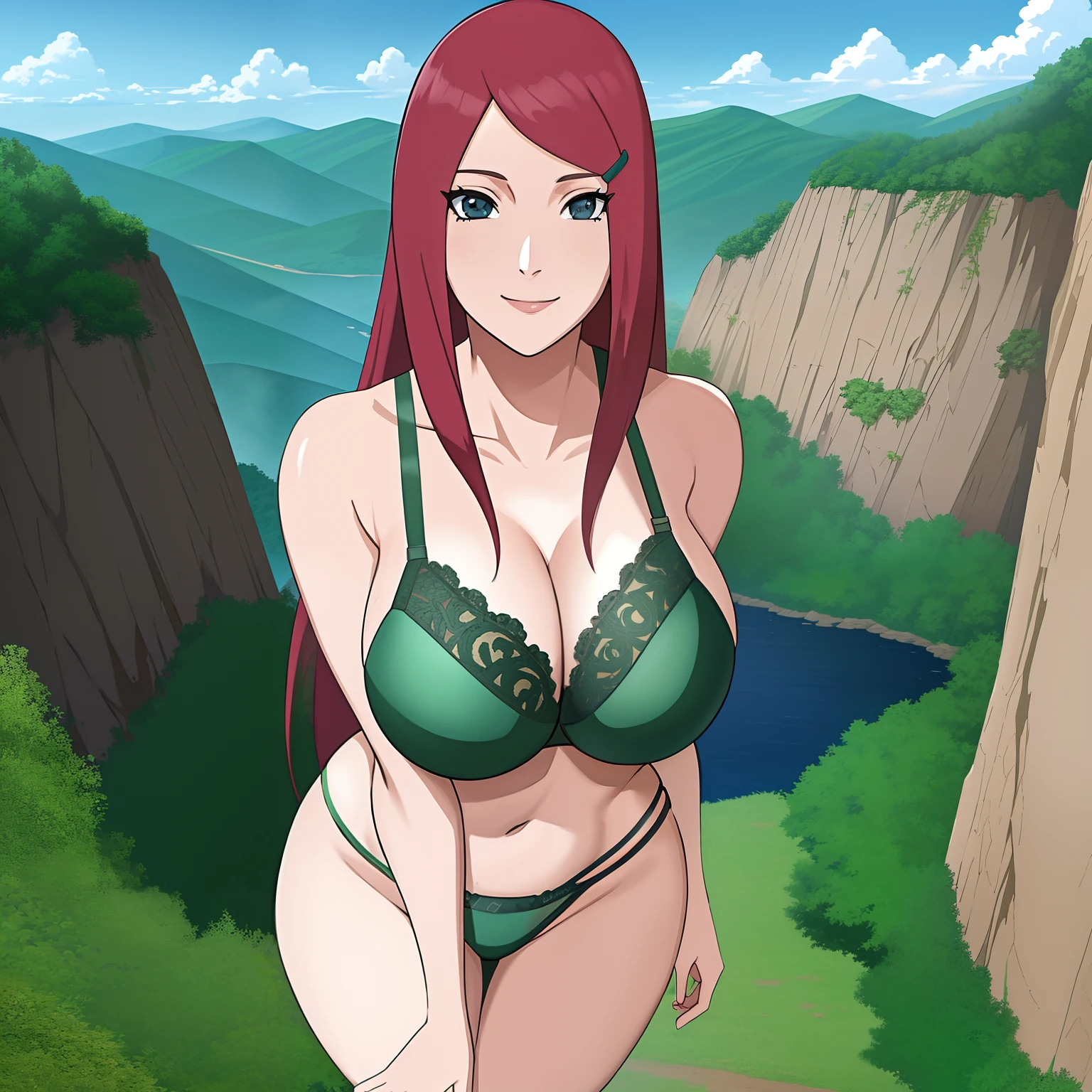 uzumaki_kushina, large_breasts, standing, solo, kushina_green_bra_and_underwear, masterpiece, best quality, detailed face, detailed eyes, highres, smile, ghibli, scenery, background, (masterpiece:1.4, best quality:1.2), (beautiful eyes, beautiful face), (Highres), (Detailed Illustration), Ultra-Detailed, looking at viewer, konohagakure, uzumaki_kushina, kushina_green_bra, large boobs , sexy figure, Full body view, cow boy shot , full sexy body view, wide angle view,