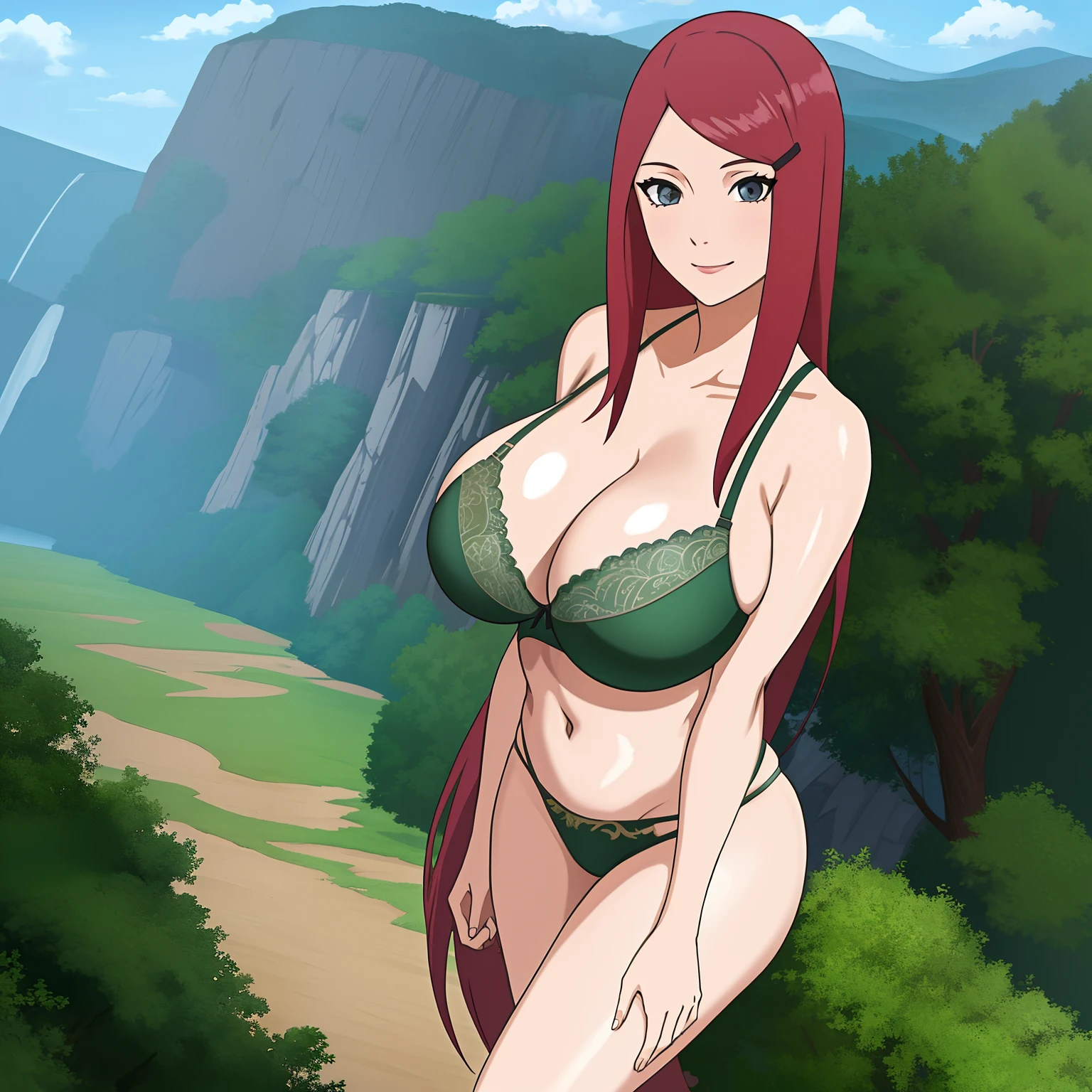 uzumaki_kushina, large_breasts, standing, solo, kushina_green_bra_and_underwear, masterpiece, best quality, detailed face, detailed eyes, highres, smile, ghibli, scenery, background, (masterpiece:1.4, best quality:1.2), (beautiful eyes, beautiful face), (Highres), (Detailed Illustration), Ultra-Detailed, looking at viewer, konohagakure, uzumaki_kushina, kushina_green_bra, large boobs , sexy figure, Full body view, cow boy shot , full sexy body view, wide angle view,