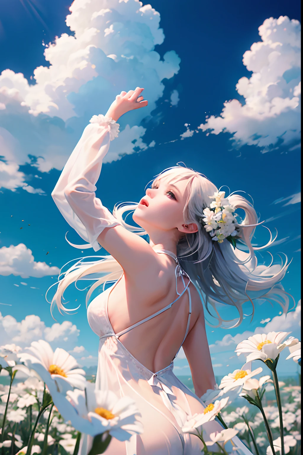 The , reaching out, grabbed the cloud,Look up at the sky,Back Shadow,Clouds,Thick white clouds,Fold your hands,Flowers bloom,(Extremely detailed:1.1),tmasterpiece,super-fine,best qualtiy,8K