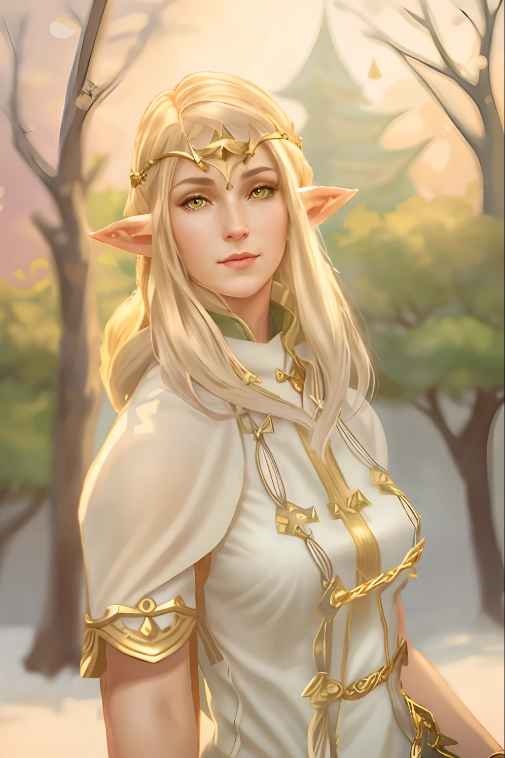 a close up of a woman in a dress with a sword, elven character with smirk, Female Elf, she has elf ears and gold eyes, Catty - Bree of Mithril Hall, final fantasy 14 style, centered elven, a middle aged elf, half elf woman, a portrait of an elf, lalafell, (((mad))) elf princess Live Action