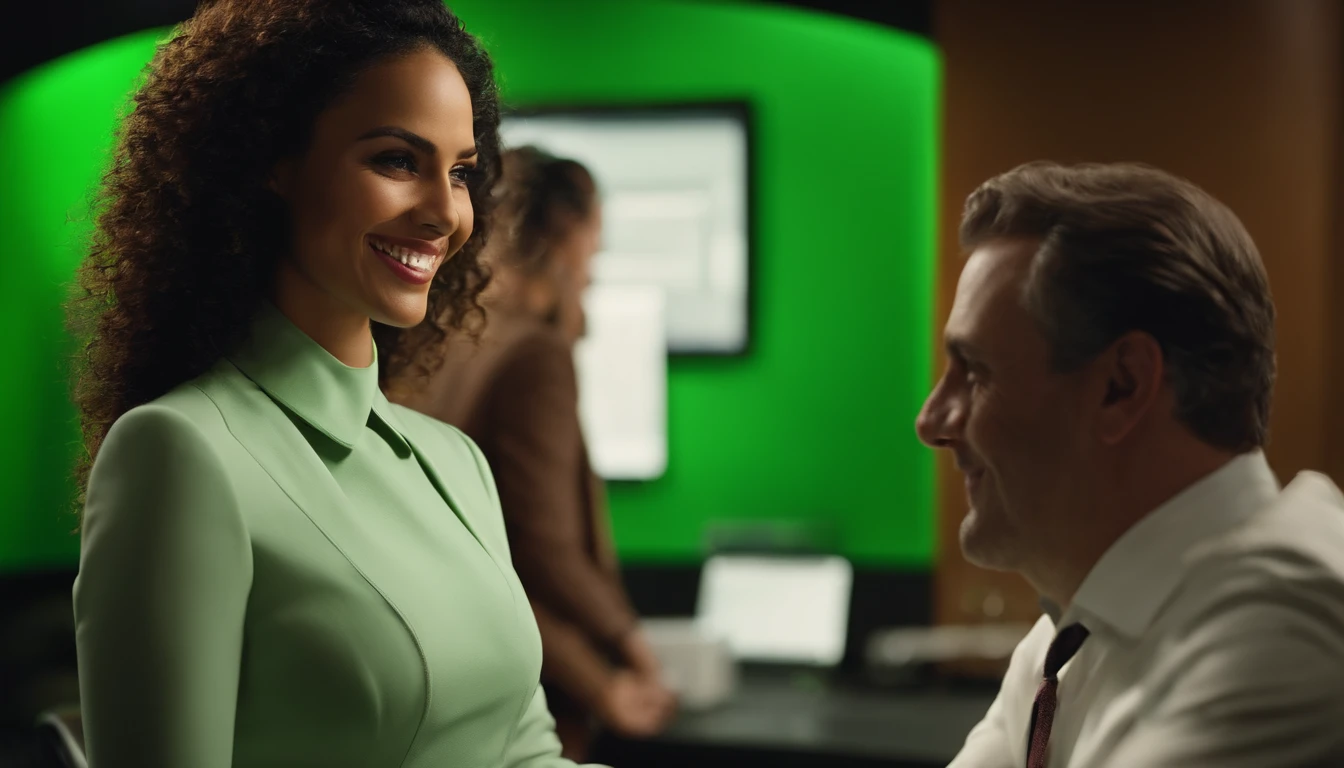 I want a well-dressed Brazilian woman smiling attending to a person and the office setting with the green led background