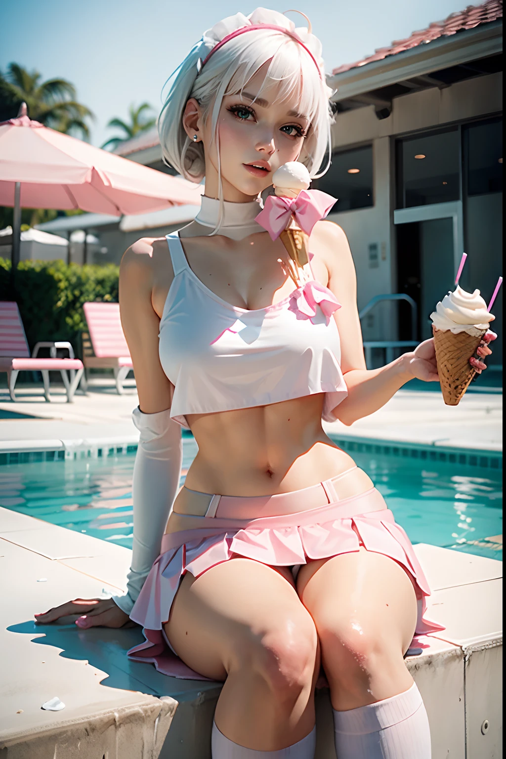 White-haired beauty, Short pink skirt, Pink slip top, white stockings，Pool，slim，Eat ice cream