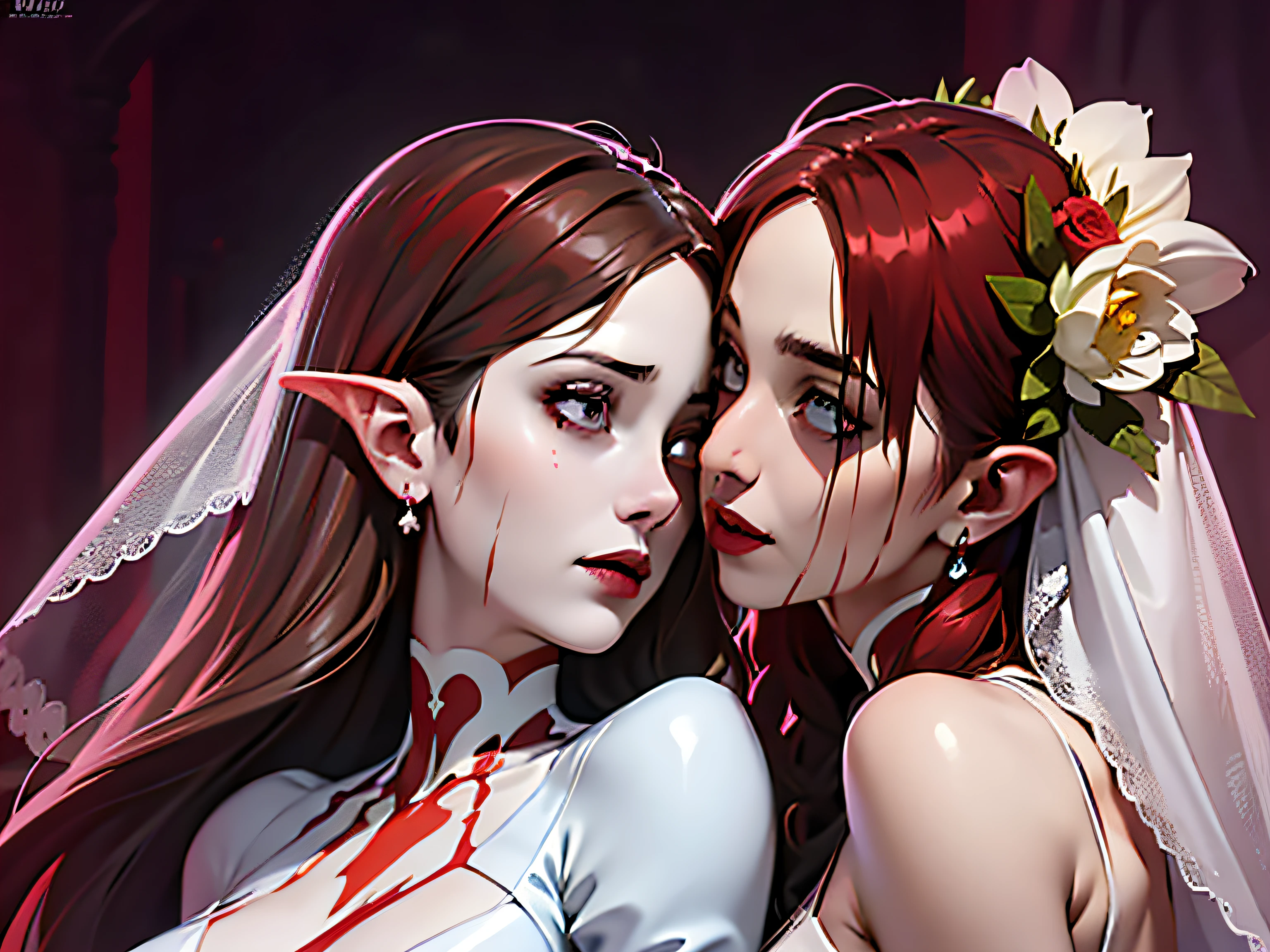 arafed, high details, best quality, 16k, [ultra detailed], masterpiece, best quality, (extremely detailed), dynamic angle, ultra wide shot, RAW, photorealistic, fantasy art, a wide angle picture of a vampire bride biting her groom, a [female vampire] bride (best details, Masterpiece, best quality, fantasy art) vampire female in a white wedding gown with bloody gown (best details, Masterpiece, best quality, fantasy art), best detailed face (best details, Masterpiece, best quality), ultra feminine, grey skin, red haired, long hair, wedding hair cut style, blue eyes, intense eyes, wearing white latex wedding dress bloody gown (best details, Masterpiece, best quality), wearing white high heels, in the honeymoon suite (best details, Masterpiece, best quality), biting the the groom, bloody face, BREAK a beautiful human man (best details, Masterpiece, best quality), ultra detailed face (best details, Masterpiece, best quality), wearing a wedding tuxedo (best details, Masterpiece, best quality), honeymoon suite background, Ultra-Wide Angle, high detail, award winning, best quality, HD, 16K, photorealistic, high details, best quality, highres, ultra wide angle, [[anatomically correct]]