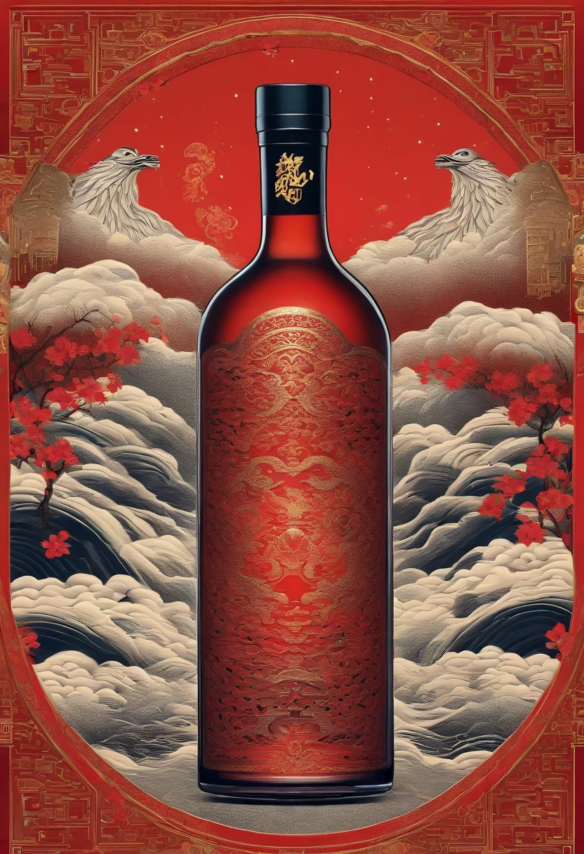 Noisy album cover，The main object is a bottle of baijiu with a theme of Chinese mythology and intricate patterns