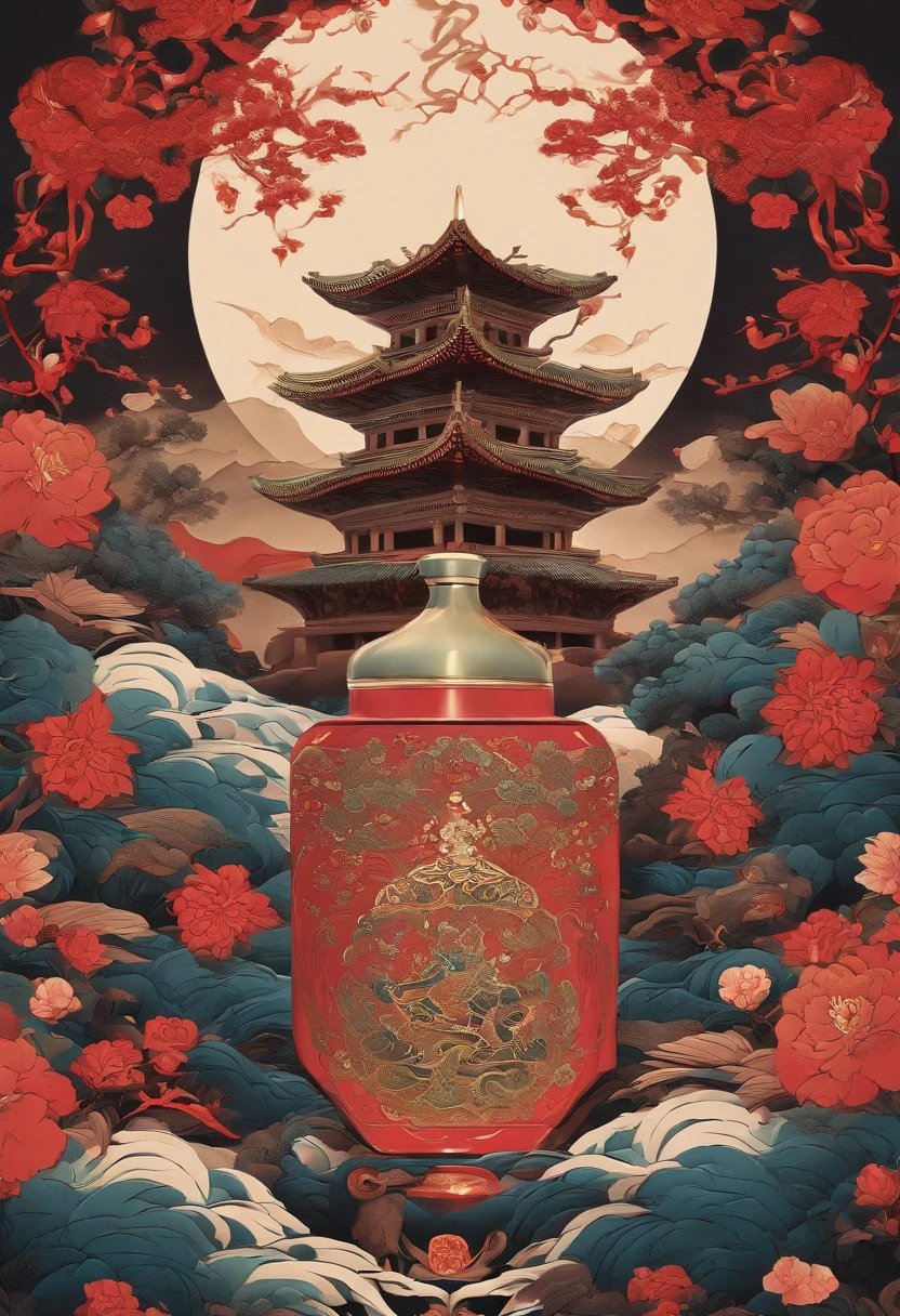 Noisy album cover,The main object is a bottle of baijiu with a theme of Chinese mythology and intricate patterns