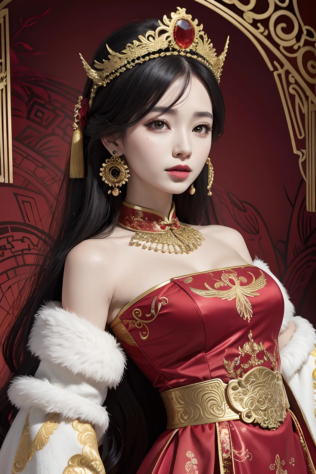 A woman in a red and gold Chinese dress，Phoenix crown，a chinese wedding，（tmasterpiece，top Quority，best qualtiy，offcial art，Beauty and aesthetics：1.2），（1girll：1.3），The is very detailed，（s fractal art：1.1），Most detailed，（ zentangle:1.2), full bodyesbian, (abstract backgrounds:1.3), (Shiny skin), (many color:1.4), ,(Earrings), (feater:1.5),
