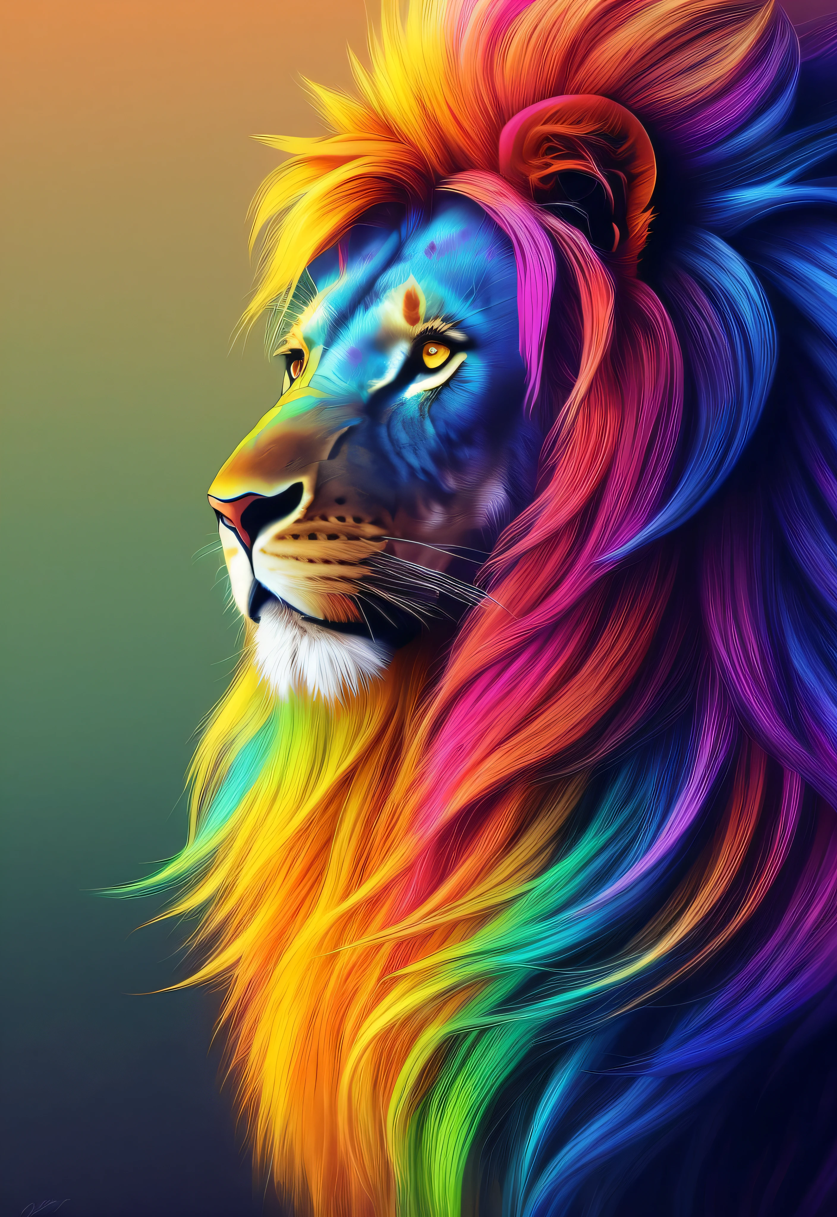 a closeup of a lion with a colorful mane, Gotejamento HD colorido, olhar orgulhoso, half lion, with the mane of a lion, pintado em aquarelas brilhantes, lion head, arte digital animal foto, Lion, Colorful rainbow, papel de parede do telefone hd, papel de parede hd, the mane of a lion, papel de parede do telefone hd, pintura digital colorida, rainbow fur